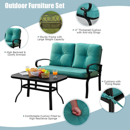 2PCS Patio Loveseat Bench Table Furniture Set with Cushioned Chair, Turquoise Patio Conversation Sets   at Gallery Canada