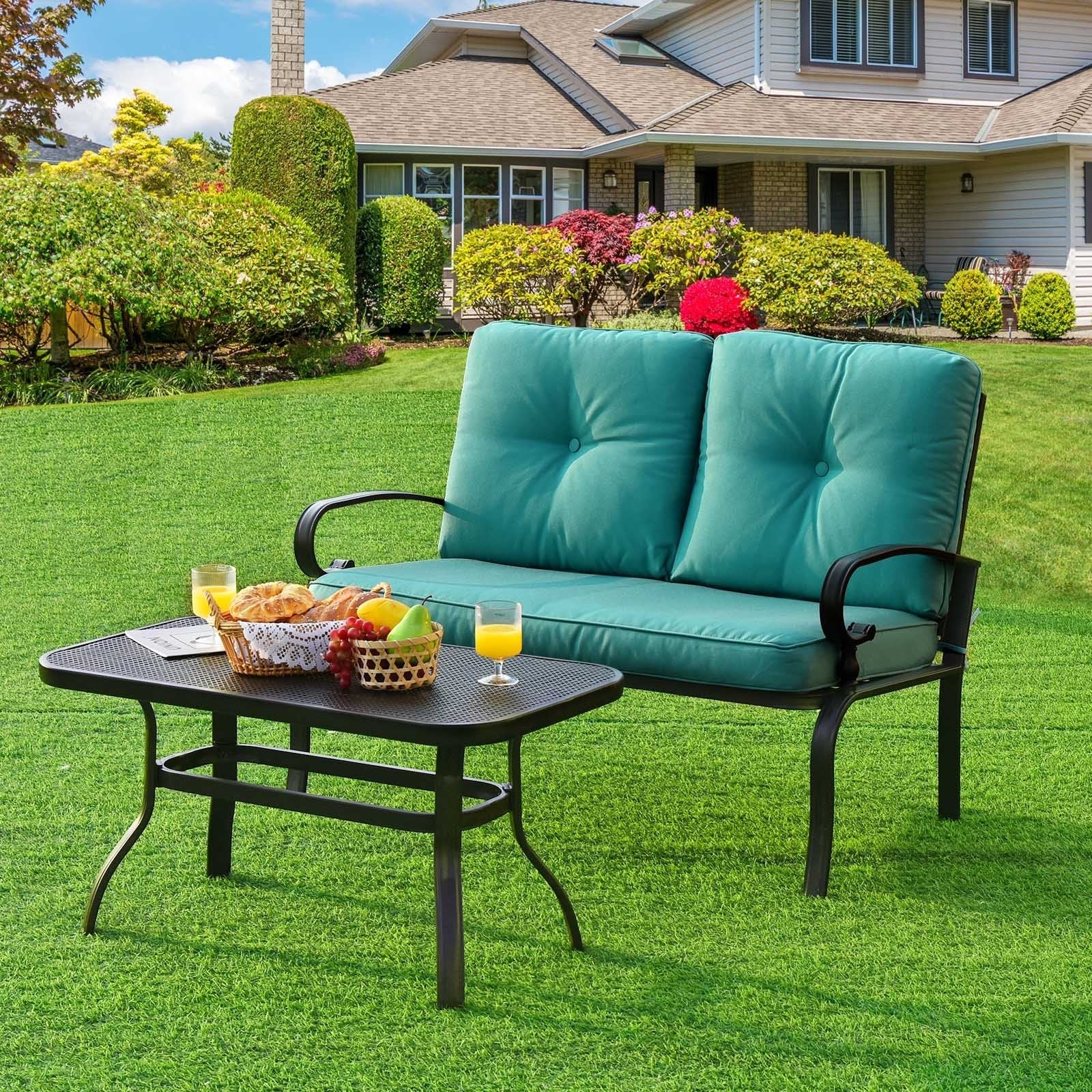 2PCS Patio Loveseat Bench Table Furniture Set with Cushioned Chair, Turquoise Patio Conversation Sets   at Gallery Canada