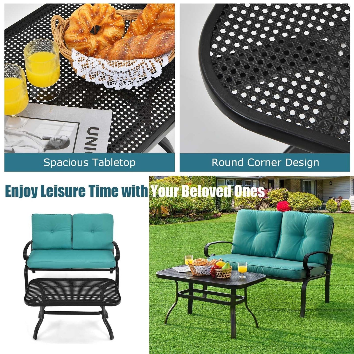 2PCS Patio Loveseat Bench Table Furniture Set with Cushioned Chair, Turquoise Patio Conversation Sets   at Gallery Canada