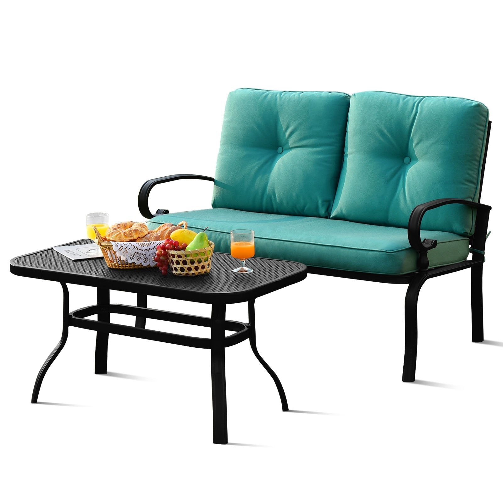 2PCS Patio Loveseat Bench Table Furniture Set with Cushioned Chair, Turquoise Patio Conversation Sets   at Gallery Canada