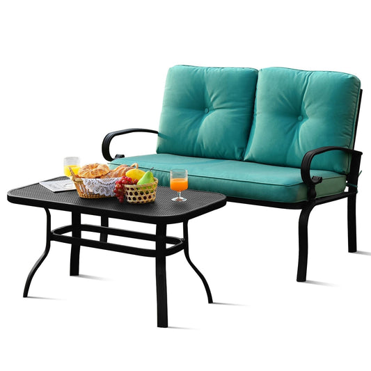 2PCS Patio Loveseat Bench Table Furniture Set with Cushioned Chair, Turquoise Patio Conversation Sets   at Gallery Canada