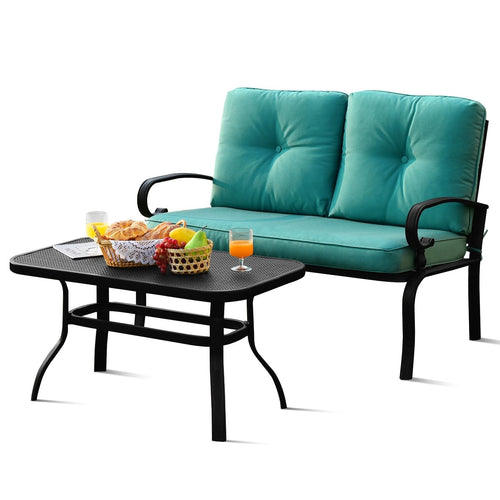 2PCS Patio Loveseat Bench Table Furniture Set with Cushioned Chair, Turquoise