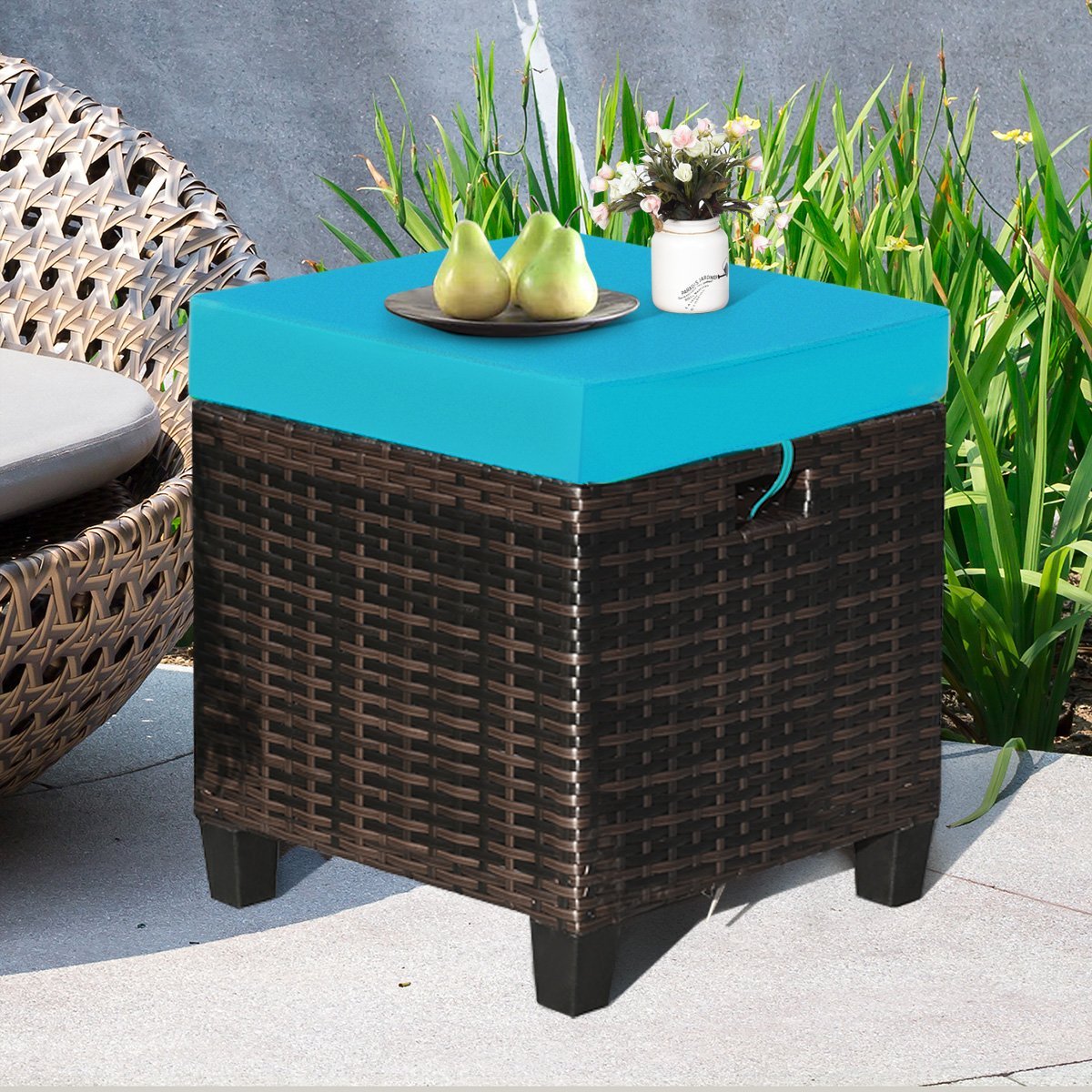 2PCS Patio Rattan Ottoman Cushioned Seat, Blue Outdoor Seating & Patio Chairs   at Gallery Canada