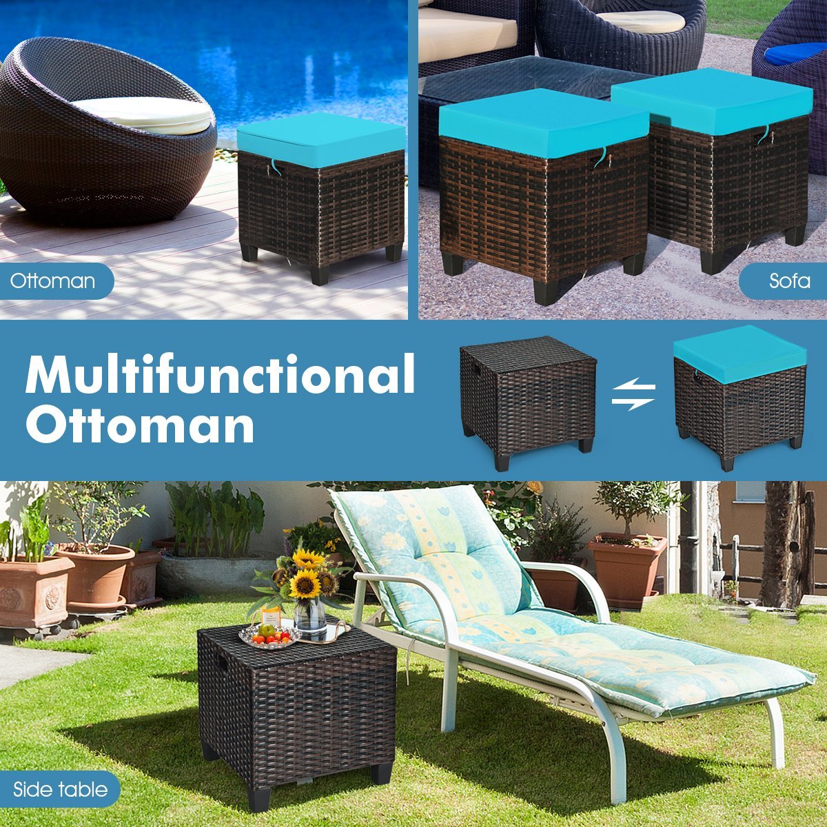 2PCS Patio Rattan Ottoman Cushioned Seat, Blue Outdoor Seating & Patio Chairs   at Gallery Canada