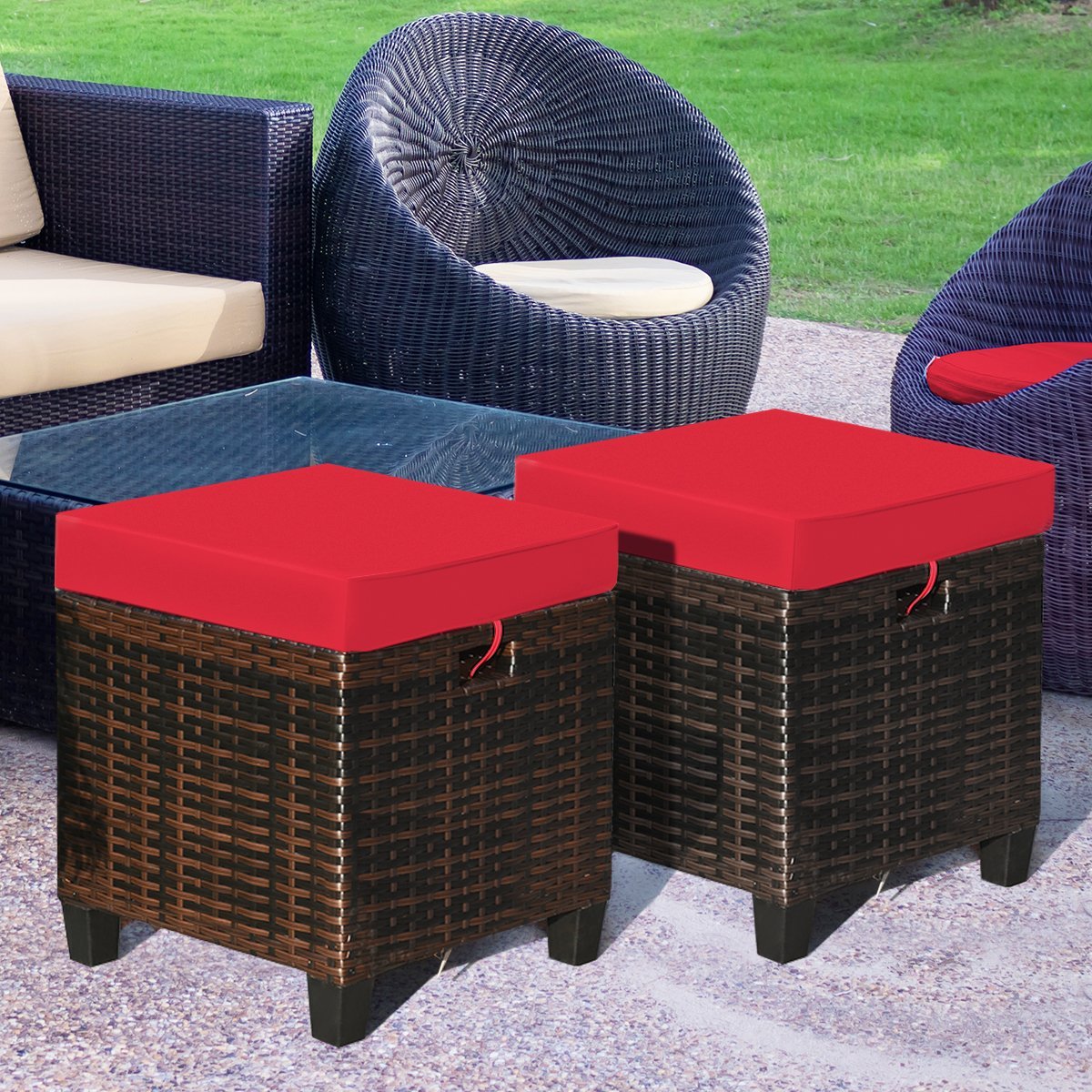 2PCS Patio Rattan Ottoman Cushioned Seat, Red Outdoor Seating & Patio Chairs   at Gallery Canada