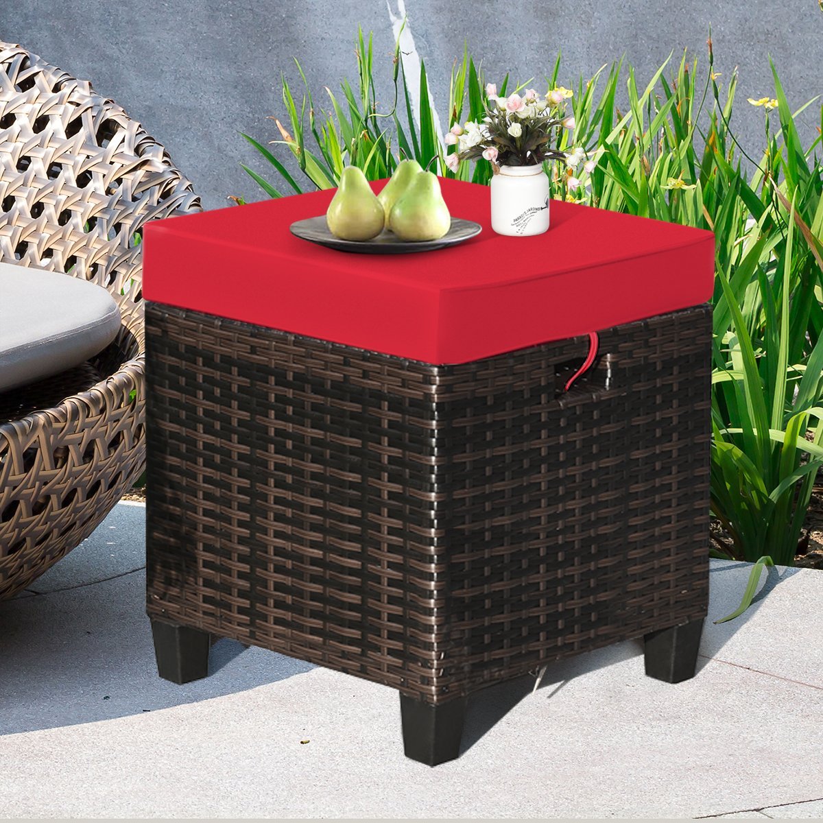 2PCS Patio Rattan Ottoman Cushioned Seat, Red Outdoor Seating & Patio Chairs   at Gallery Canada