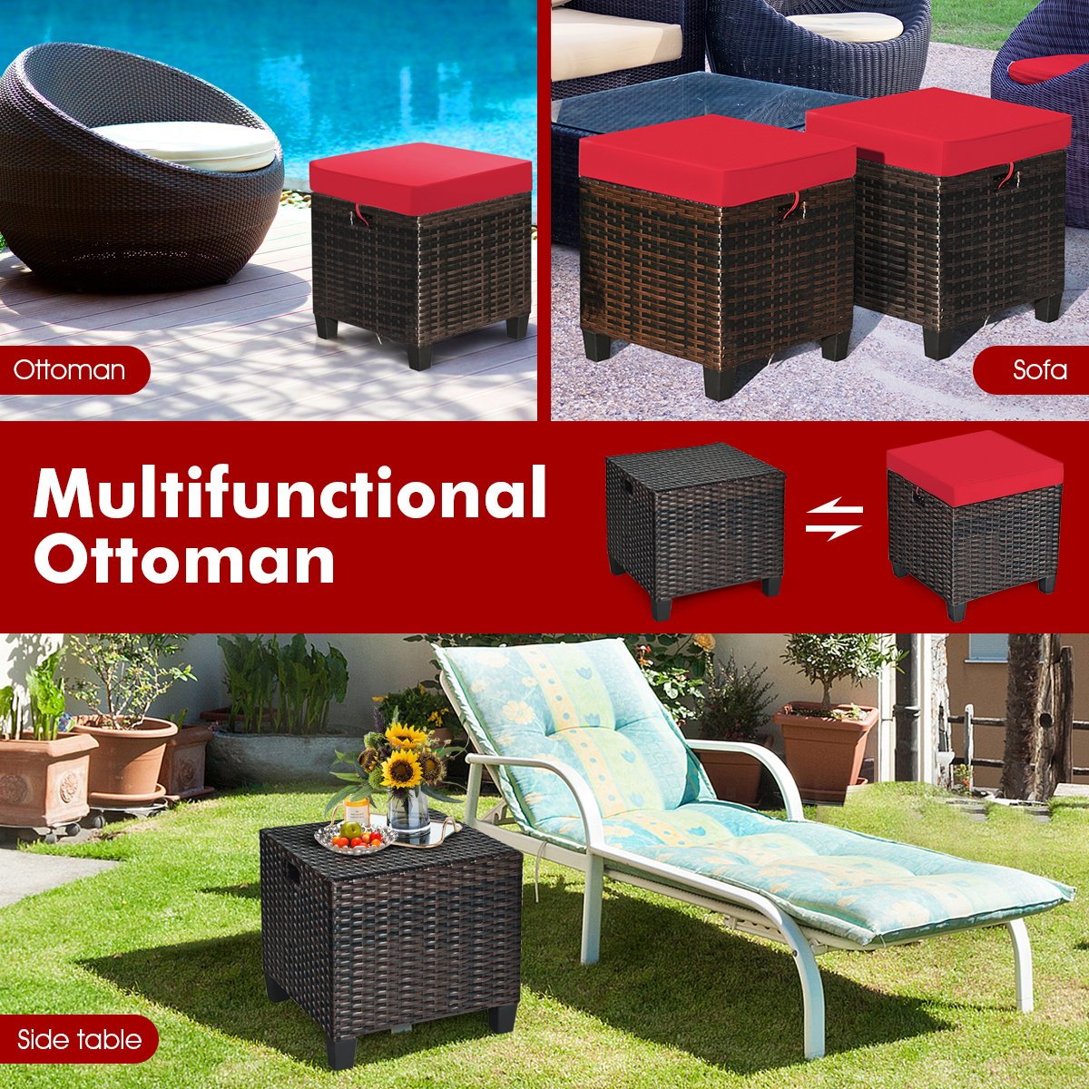 2PCS Patio Rattan Ottoman Cushioned Seat, Red Outdoor Seating & Patio Chairs   at Gallery Canada