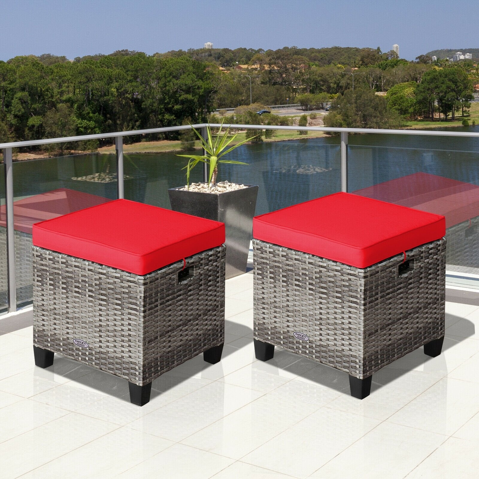 2PCS Patio Rattan Wicker Ottoman Seat with Removable Cushions, Red Outdoor Seating & Patio Chairs   at Gallery Canada