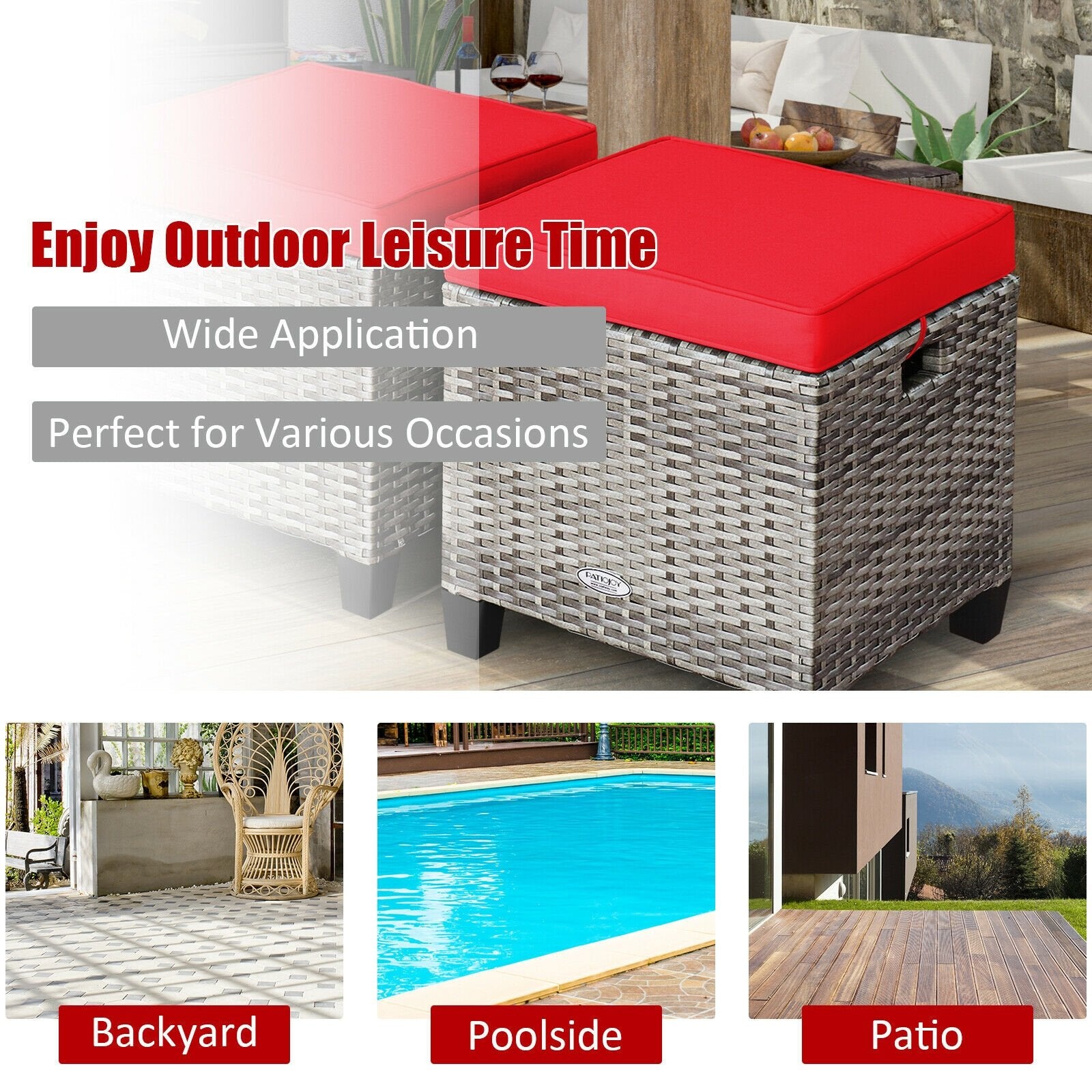 2PCS Patio Rattan Wicker Ottoman Seat with Removable Cushions, Red Outdoor Seating & Patio Chairs   at Gallery Canada