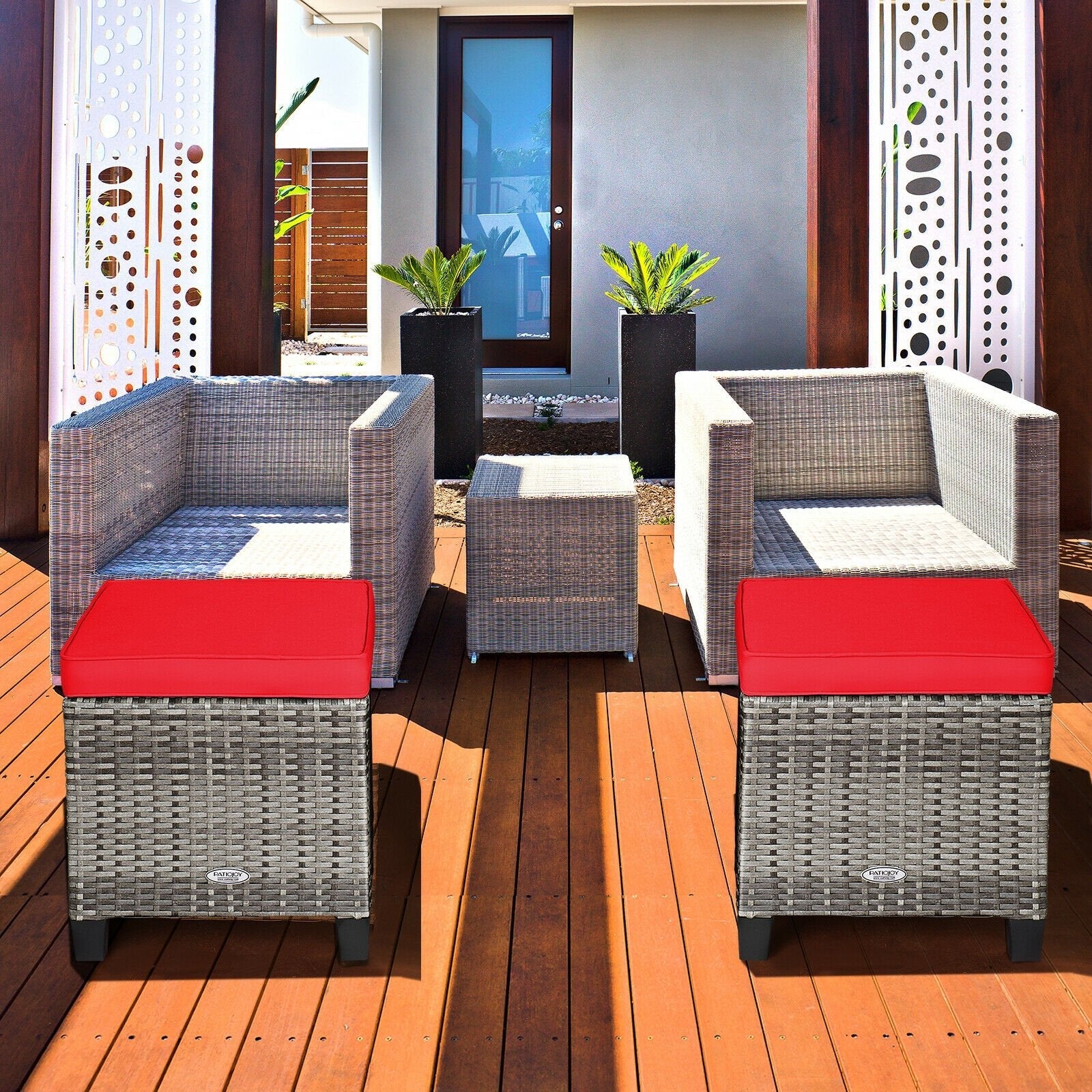 2PCS Patio Rattan Wicker Ottoman Seat with Removable Cushions, Red Outdoor Seating & Patio Chairs   at Gallery Canada