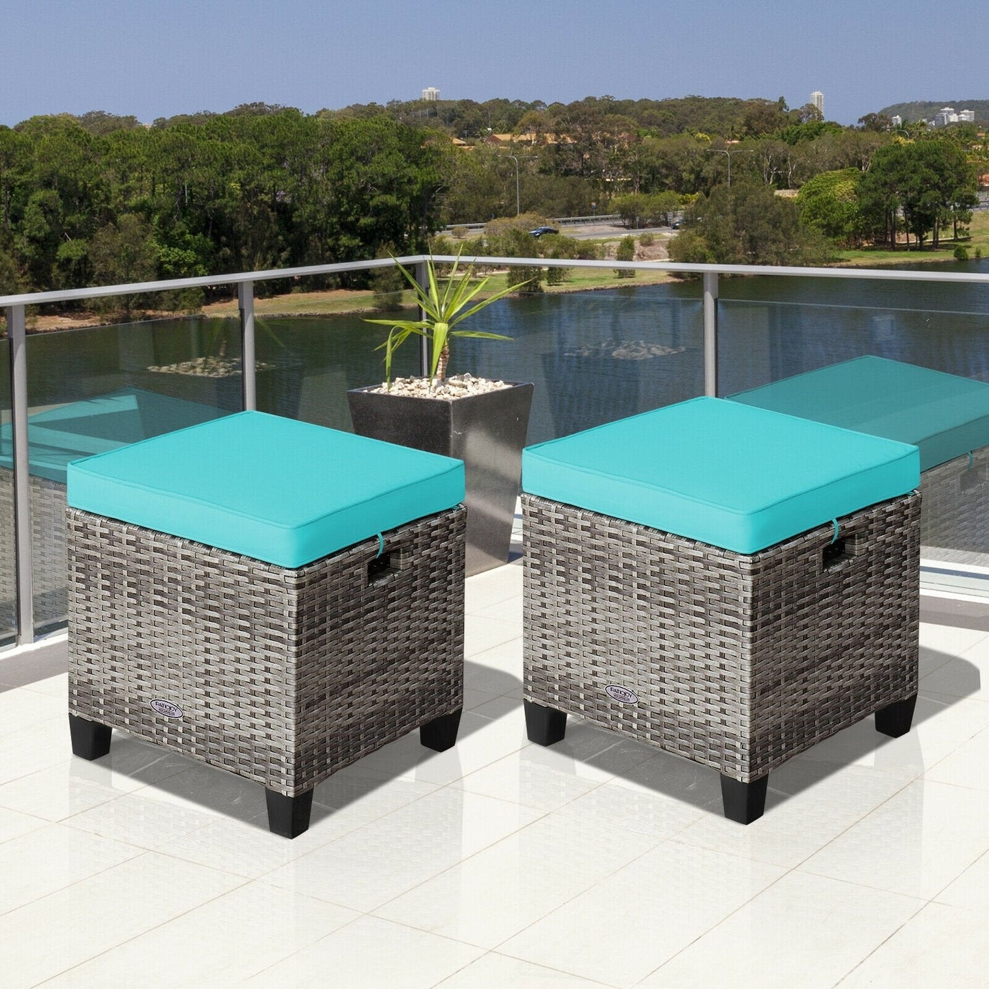 2PCS Patio Rattan Wicker Ottoman Seat with Removable Cushions, Turquoise Outdoor Seating & Patio Chairs   at Gallery Canada