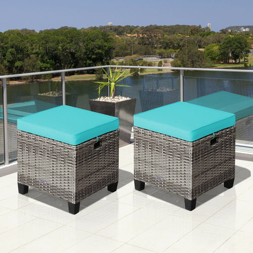 2PCS Patio Rattan Wicker Ottoman Seat with Removable Cushions, Turquoise