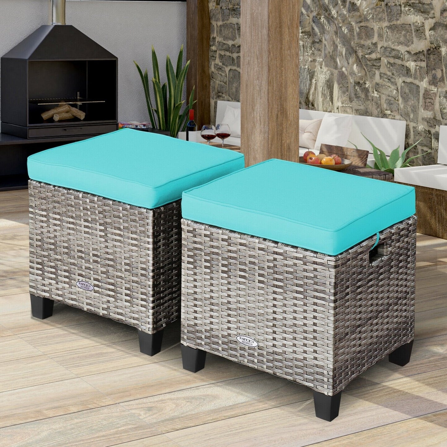 2PCS Patio Rattan Wicker Ottoman Seat with Removable Cushions, Turquoise Outdoor Seating & Patio Chairs   at Gallery Canada