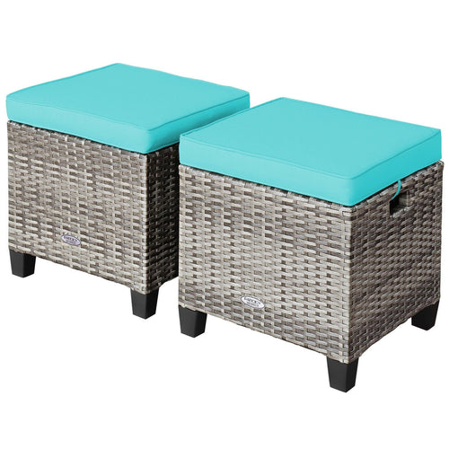 2PCS Patio Rattan Wicker Ottoman Seat with Removable Cushions, Turquoise