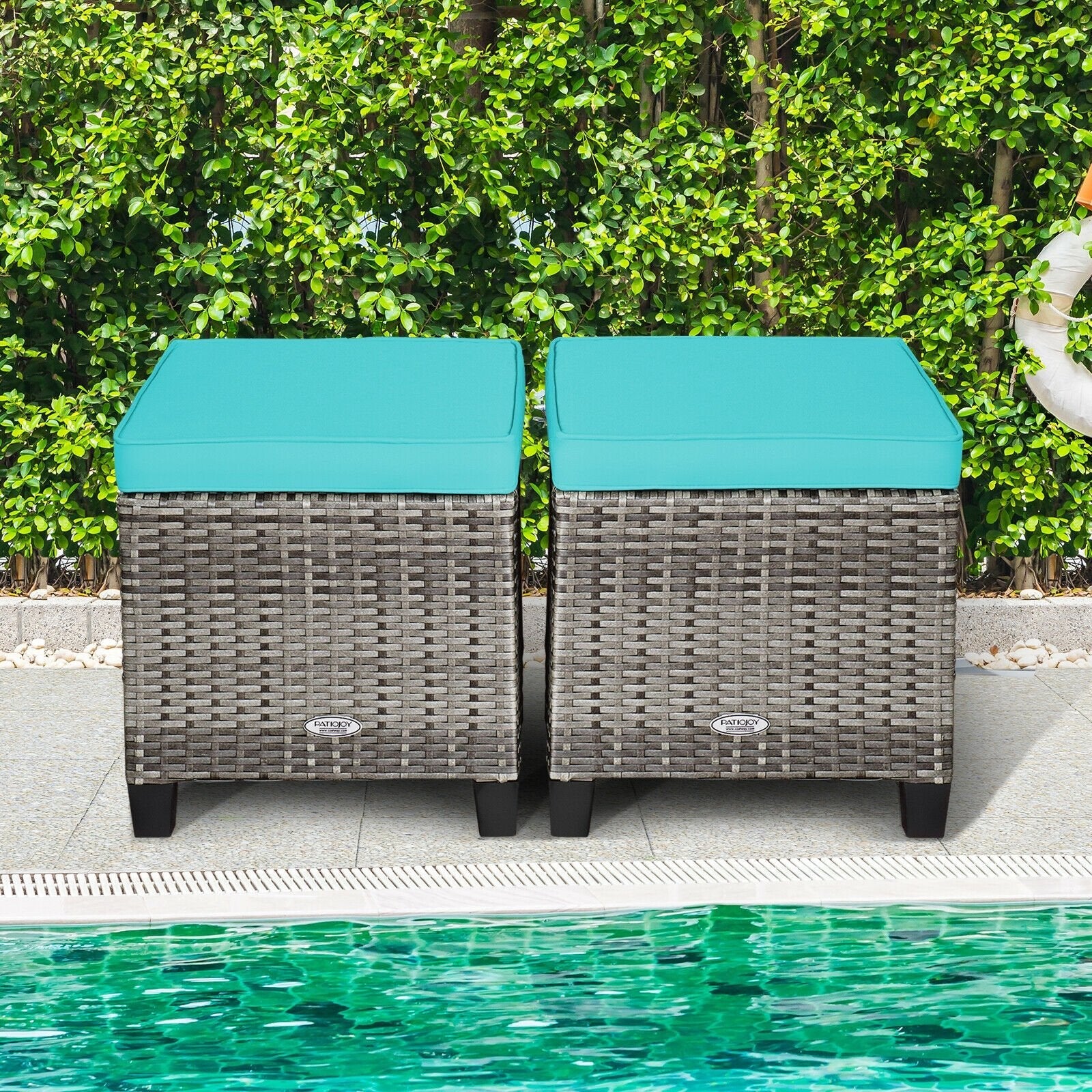 2PCS Patio Rattan Wicker Ottoman Seat with Removable Cushions, Turquoise Outdoor Seating & Patio Chairs   at Gallery Canada