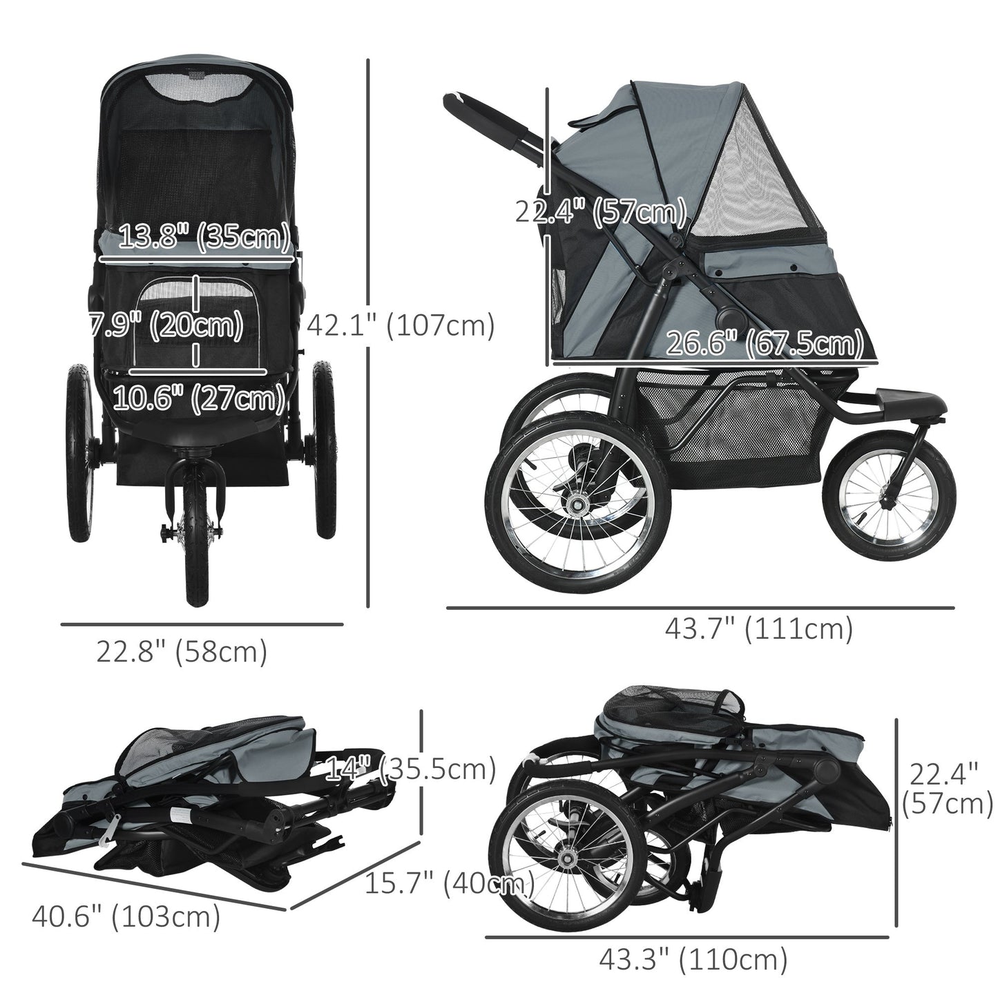 3 Big Wheels Pet Stroller for Small, Medium Dogs, Cat Stroller Travel Folding Carrier with Adjustable Canopy, Black Dog Bike Trailers & Strollers   at Gallery Canada