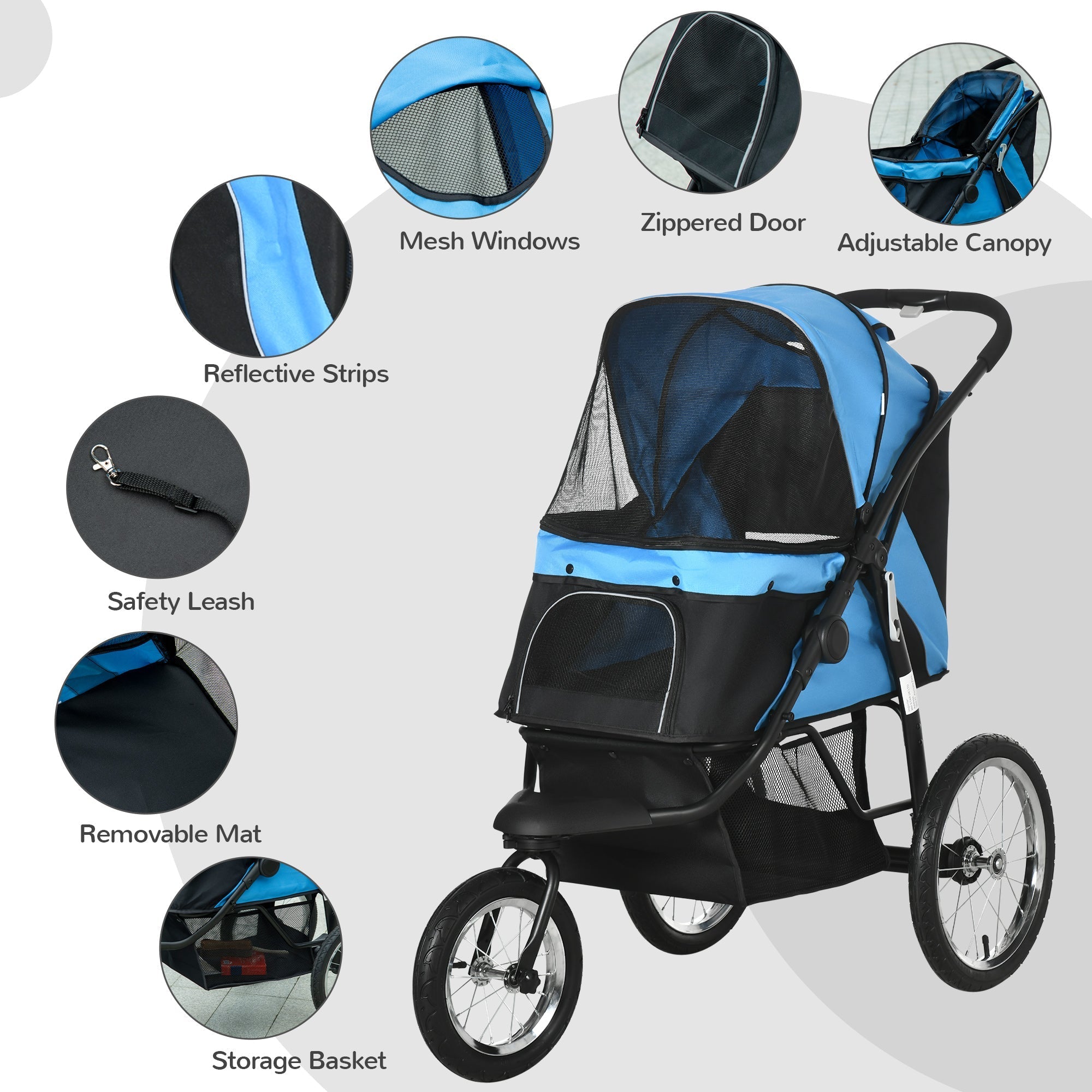 3 Big Wheels Pet Stroller for Small, Medium Dogs, Cat Stroller Travel Folding Carrier with Adjustable Canopy, Blue Dog Bike Trailers & Strollers   at Gallery Canada