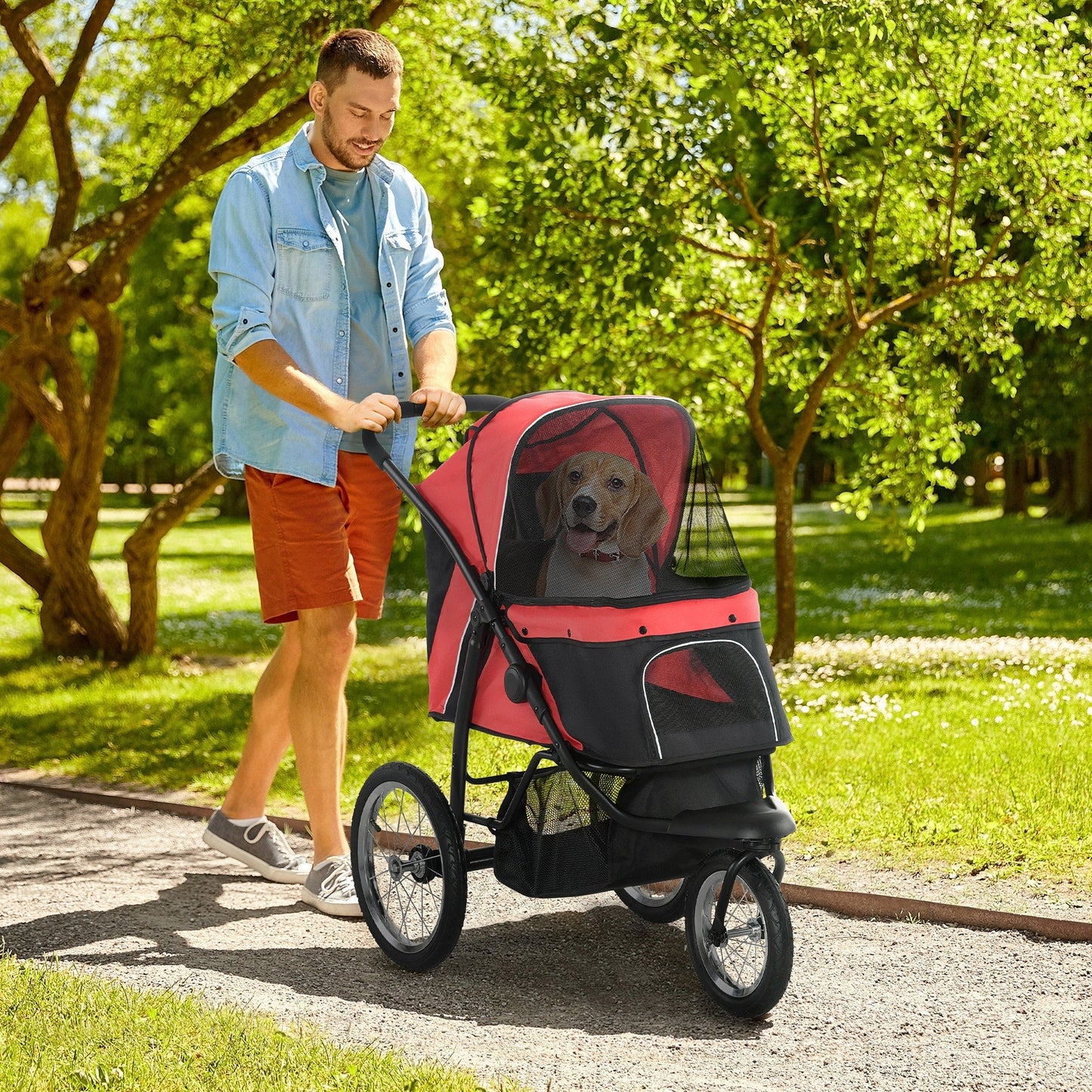 3 Big Wheels Pet Stroller for Small, Medium Dogs, Cat Stroller Travel Folding Carrier with Adjustable Canopy, Red Dog Bike Trailers & Strollers   at Gallery Canada