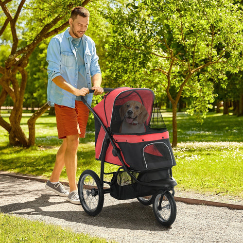 3 Big Wheels Pet Stroller for Small, Medium Dogs, Cat Stroller Travel Folding Carrier with Adjustable Canopy, Red