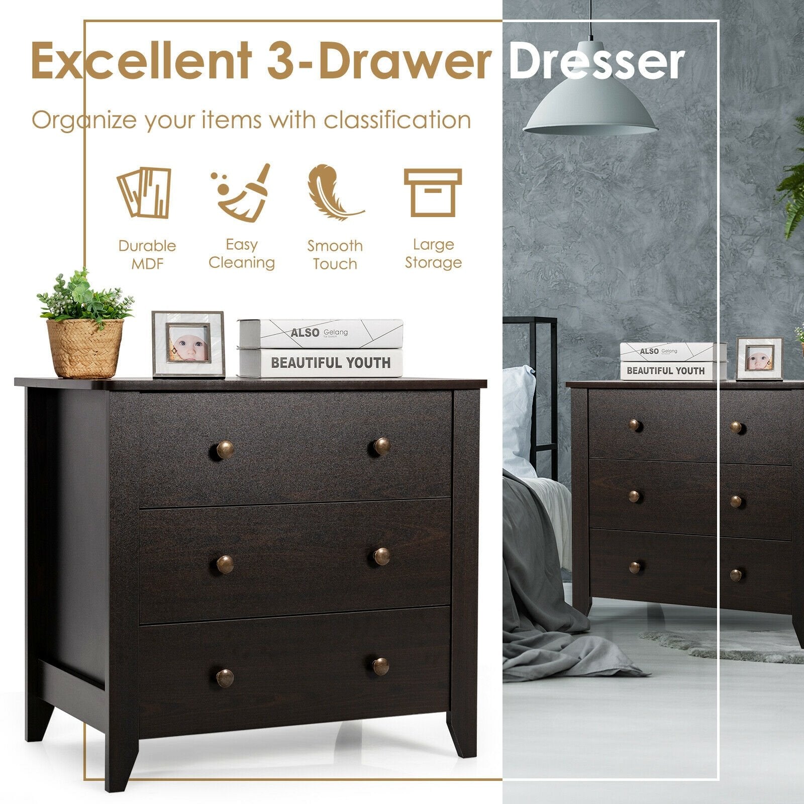 3 Drawer Dresser Chest of Drawers Bedside Table, Black Cabinets & Chests   at Gallery Canada