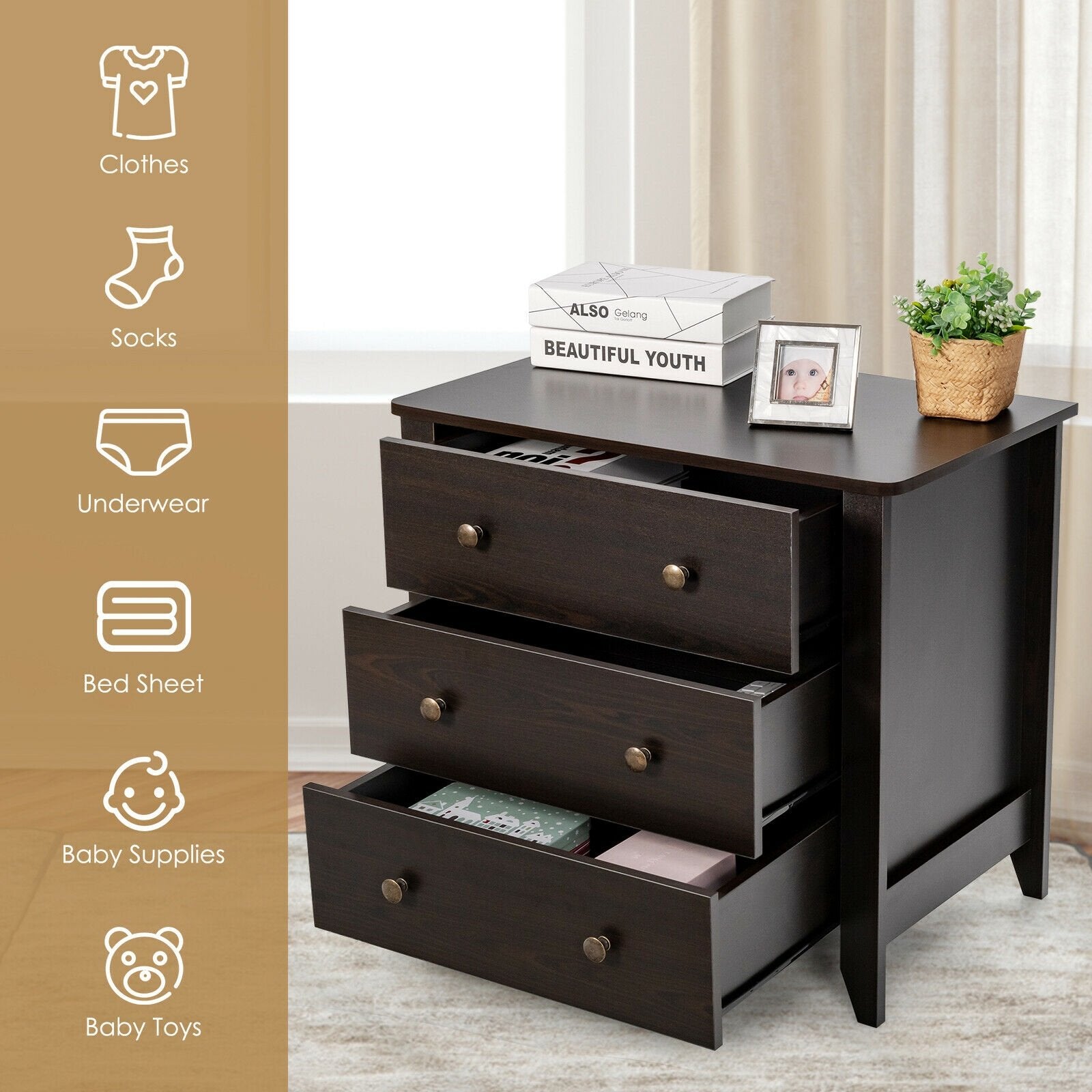 3 Drawer Dresser Chest of Drawers Bedside Table, Black Cabinets & Chests   at Gallery Canada