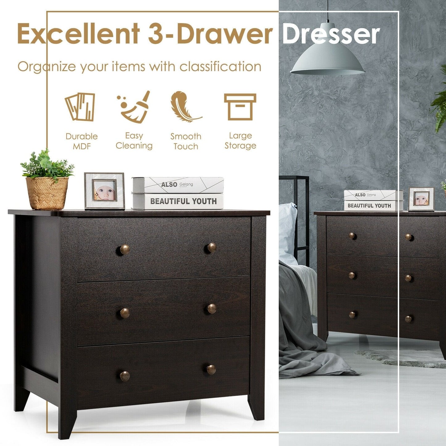 3 Drawer Dresser Chest of Drawers Bedside Table, Dark Brown Cabinets & Chests   at Gallery Canada