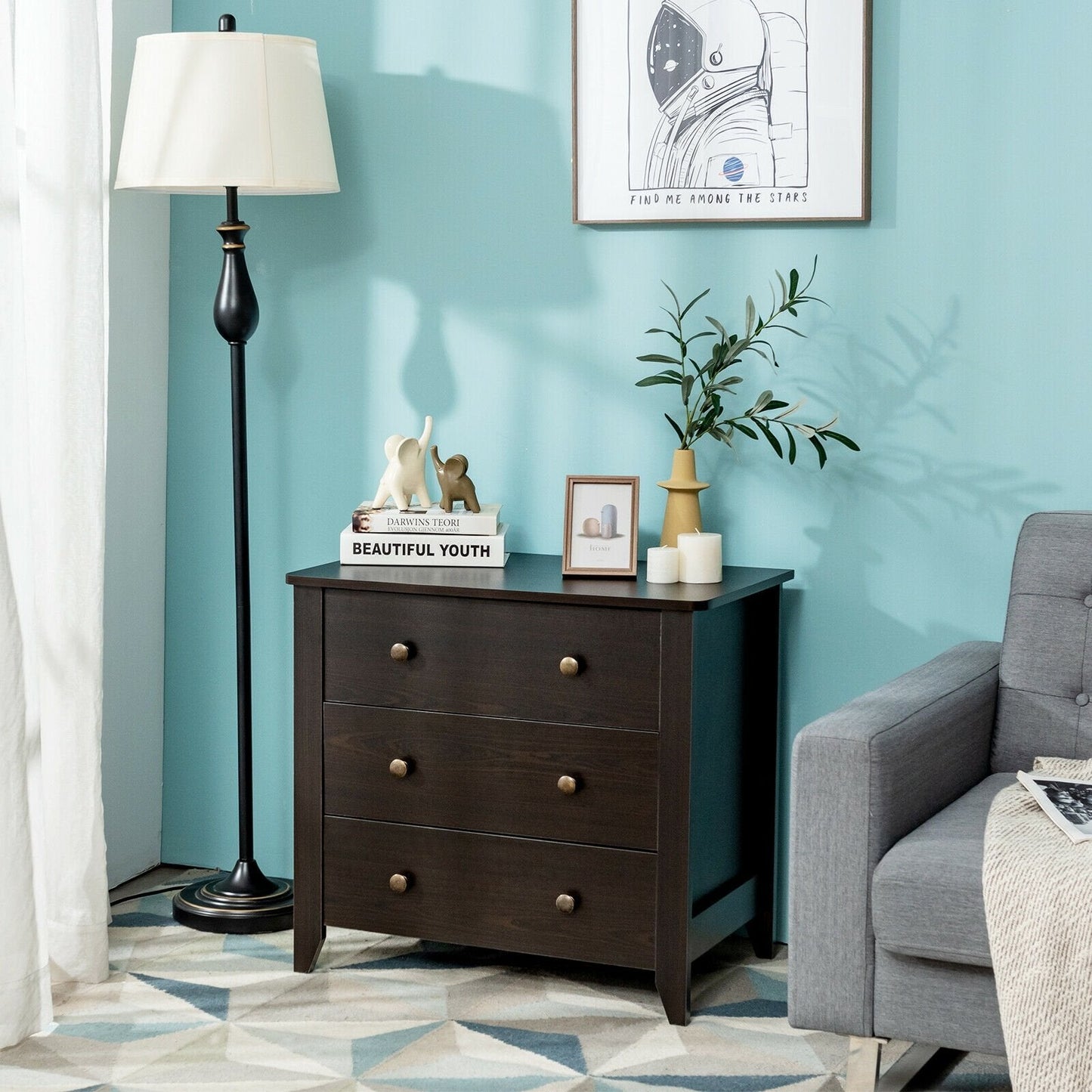 3 Drawer Dresser Chest of Drawers Bedside Table, Dark Brown Cabinets & Chests   at Gallery Canada