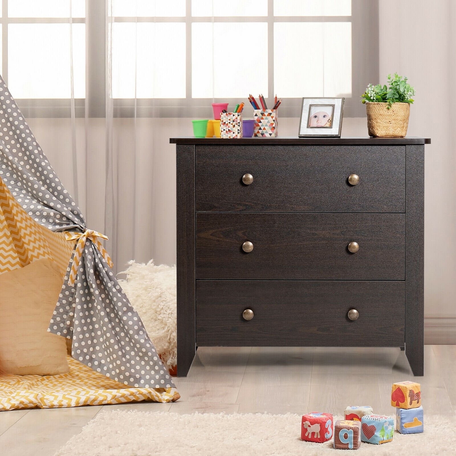 3 Drawer Dresser Chest of Drawers Bedside Table, Dark Brown Cabinets & Chests   at Gallery Canada