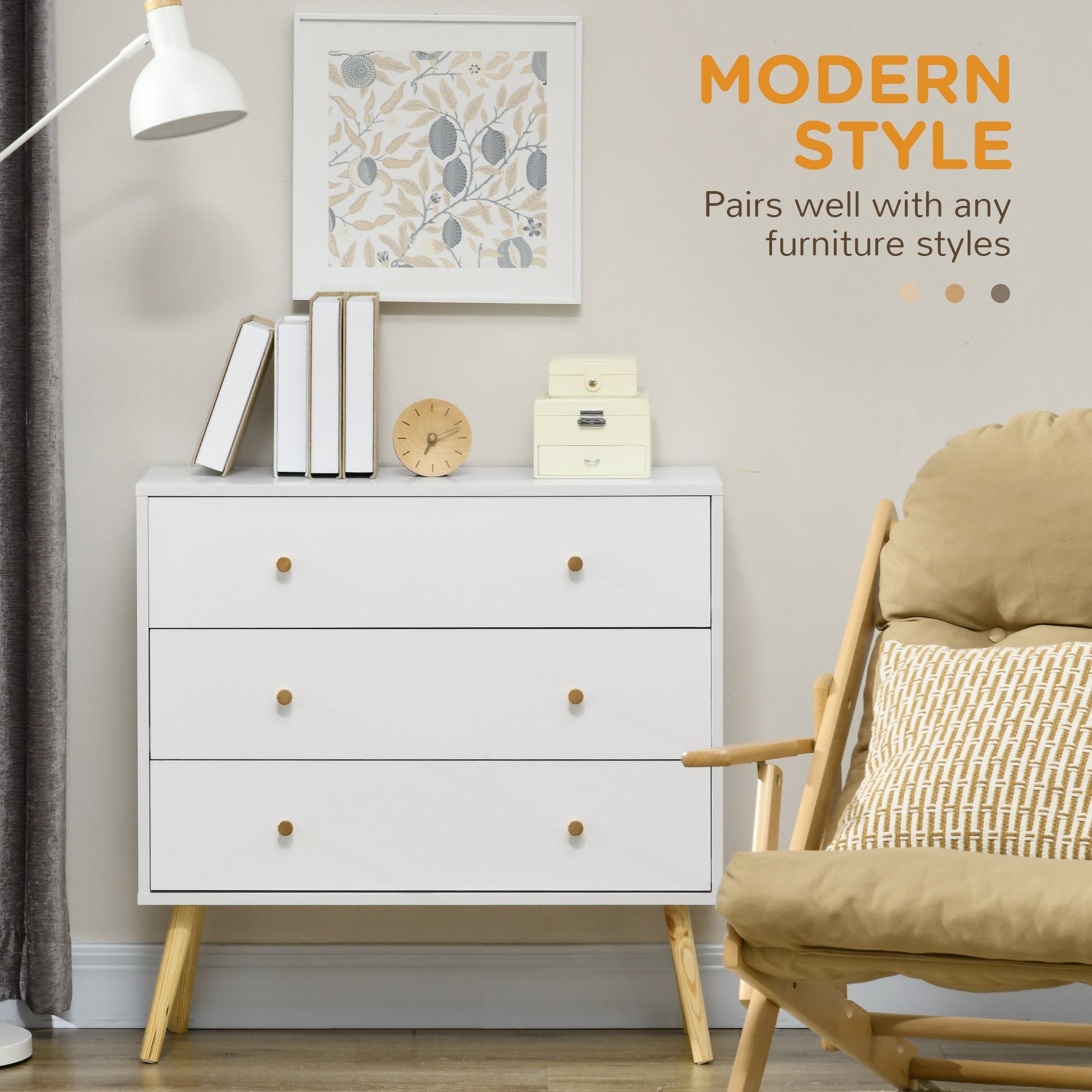 3 Drawer Dresser, Chest of Drawers with Wood Legs and Handles for Living Room, White Storage Cabinets   at Gallery Canada