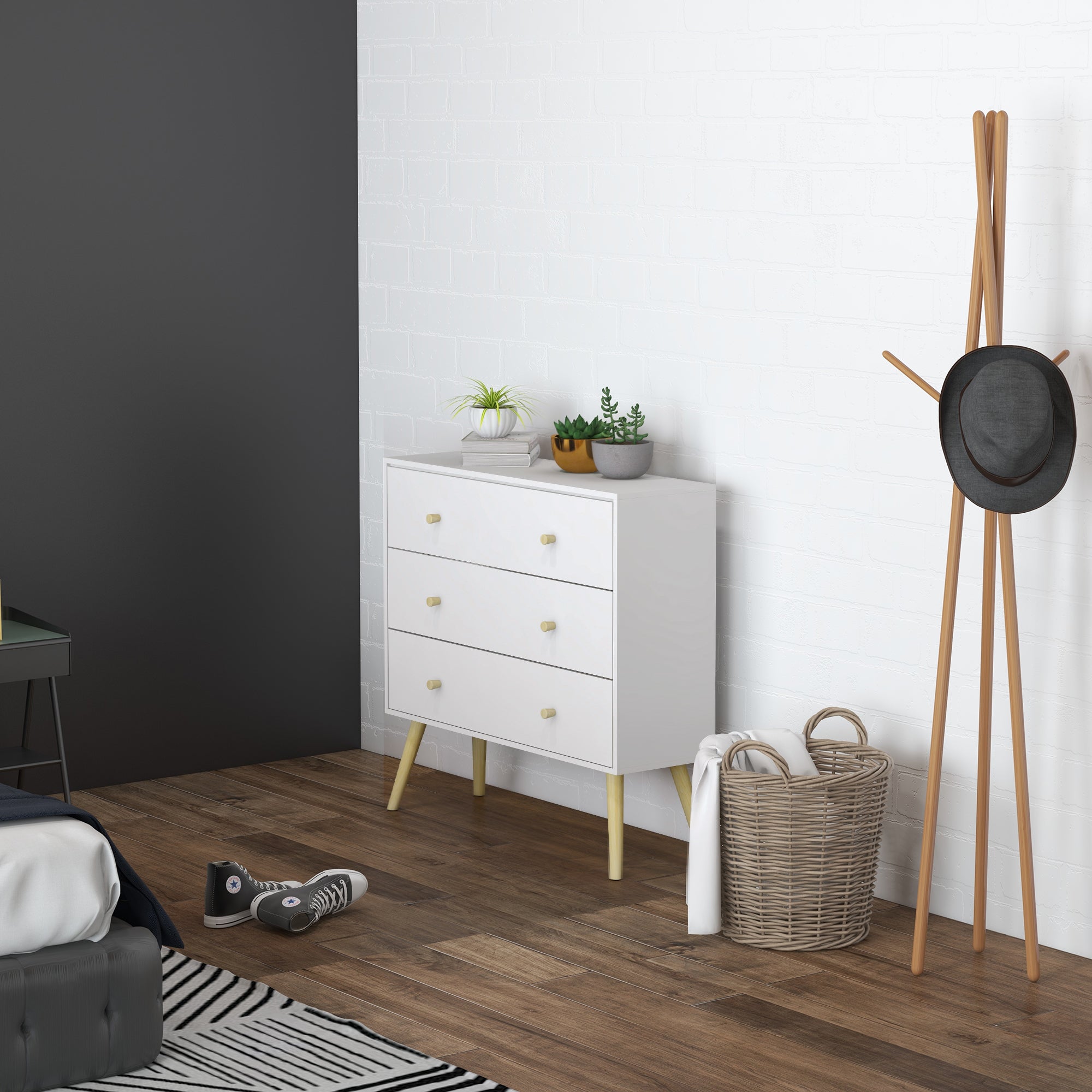 3 Drawer Dresser, Chest of Drawers with Wood Legs and Handles for Living Room, White Storage Cabinets   at Gallery Canada