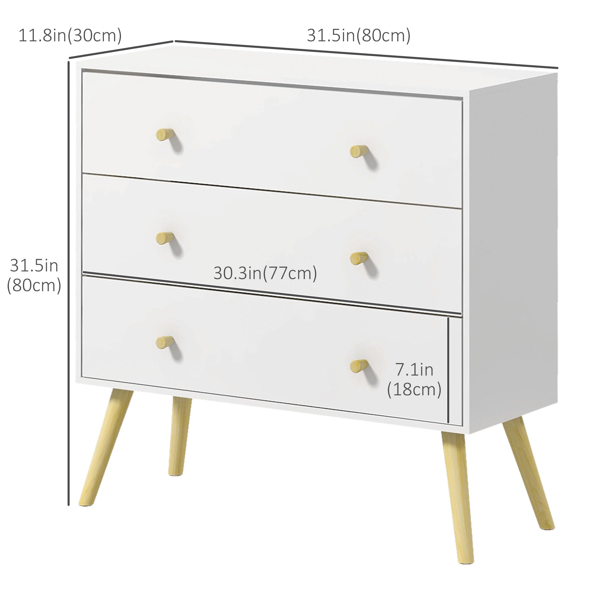 3 Drawer Dresser, Chest of Drawers with Wood Legs and Handles for Living Room, White Storage Cabinets   at Gallery Canada