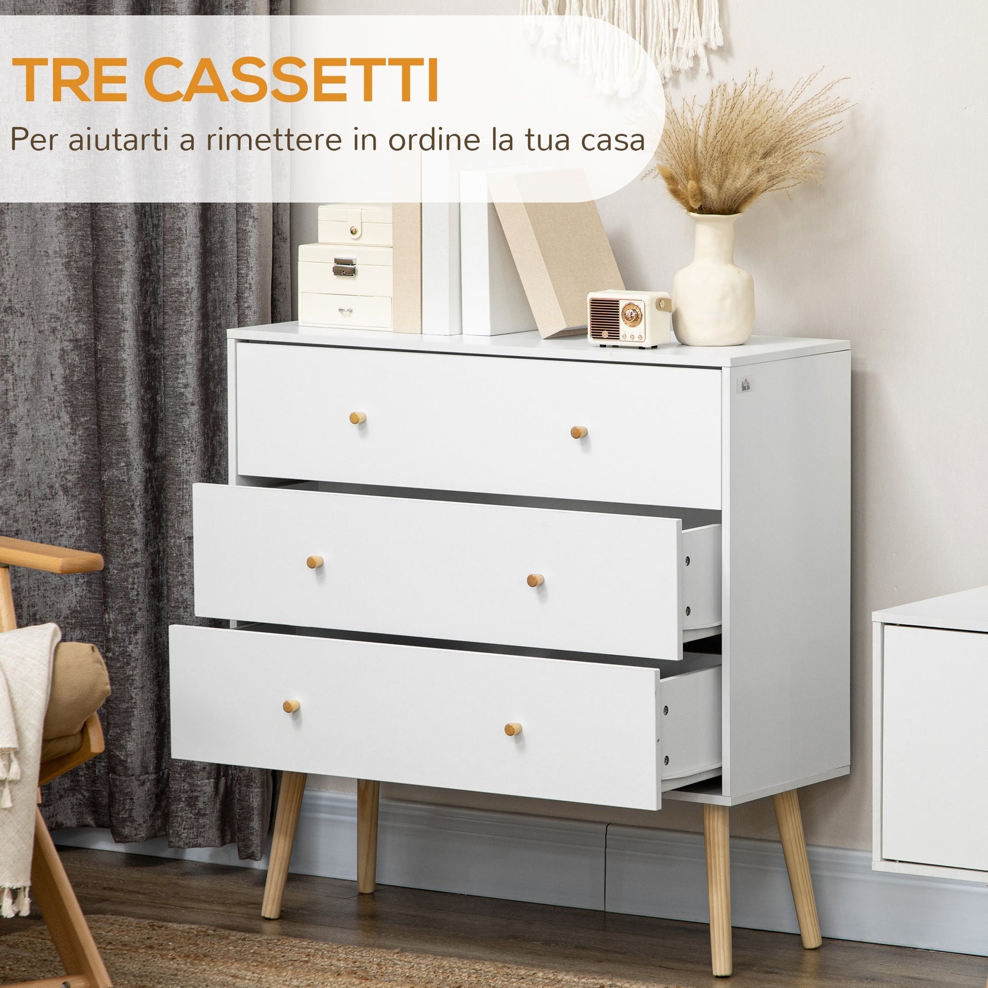 3 Drawer Dresser, Chest of Drawers with Wood Legs and Handles for Living Room, White Storage Cabinets   at Gallery Canada