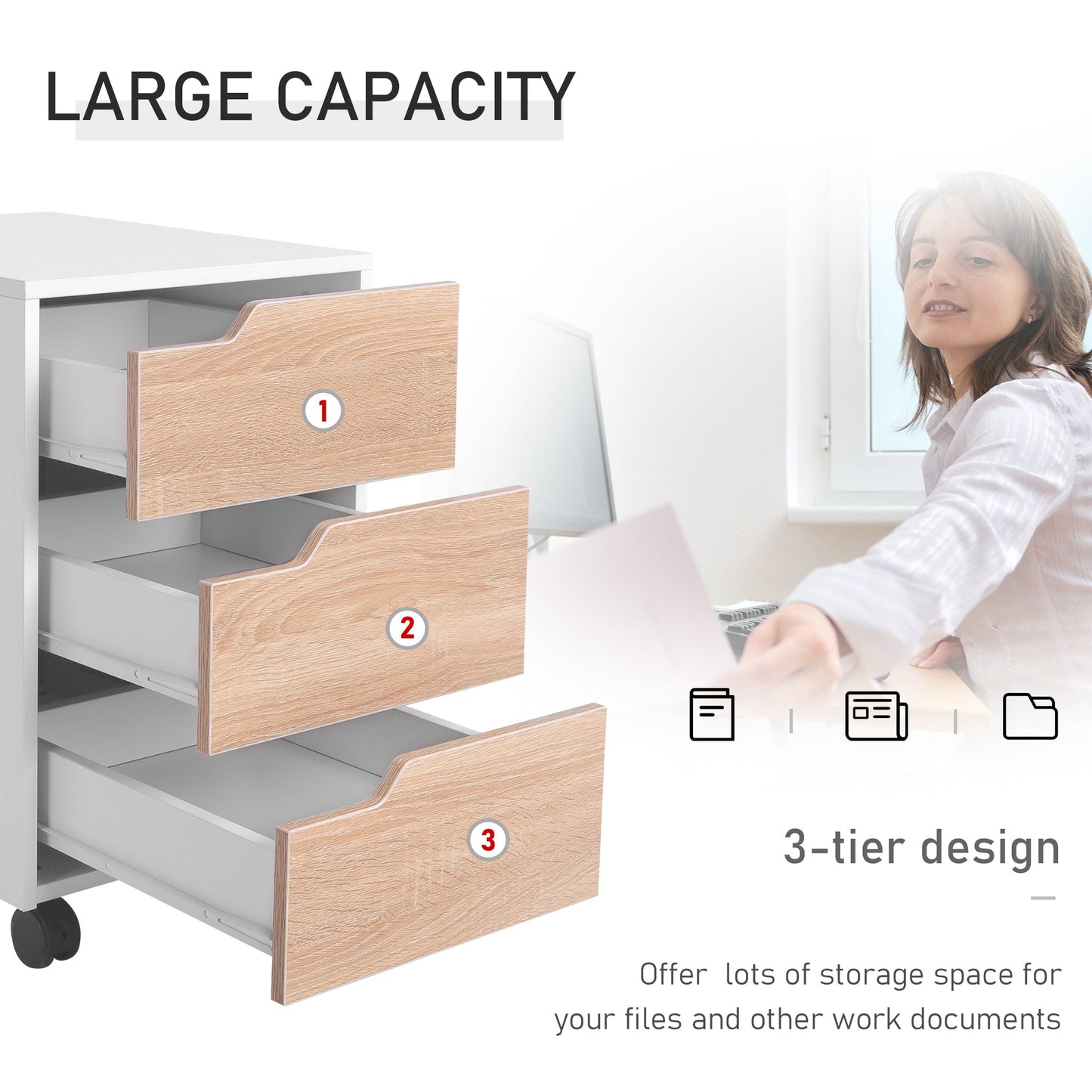 3 Drawer File Cabinet, Mobile Vertical Filing Cabinet with Wheels, Office Storage Organizer, Oak Office Cabinets & Cupboards   at Gallery Canada