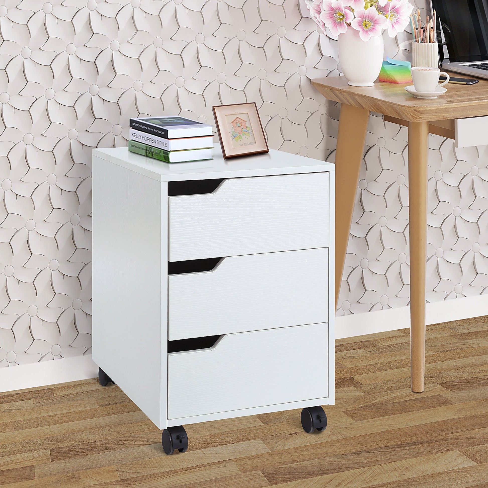 3 Drawer File Cabinet, Mobile Vertical Filing Cabinet with Wheels, Office Storage Organizer, White Office Cabinets & Cupboards   at Gallery Canada