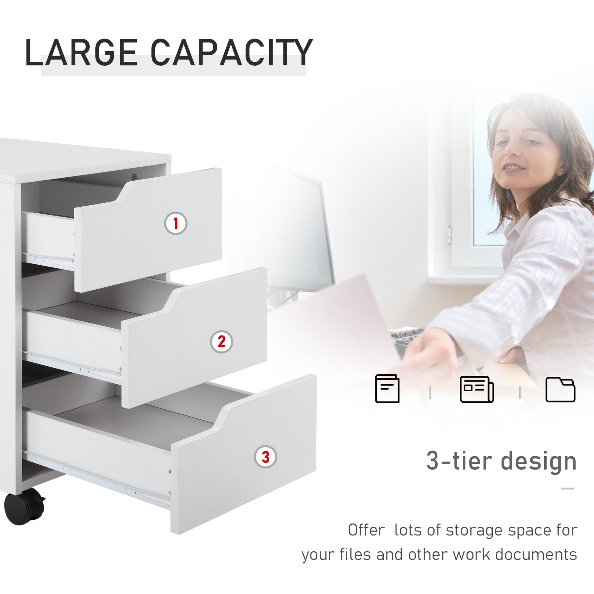 3 Drawer File Cabinet, Mobile Vertical Filing Cabinet with Wheels, Office Storage Organizer, White Office Cabinets & Cupboards   at Gallery Canada