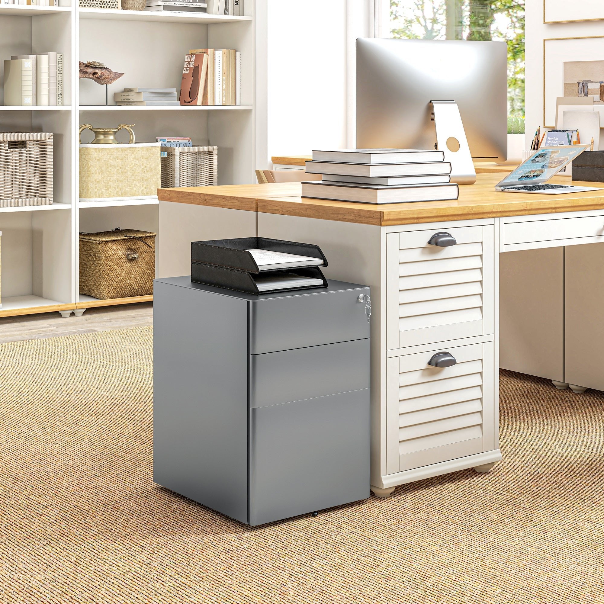 3 Drawer Filing Cabinet, Steel Home Office Storage Cabinet with Wheels, Lock for A4, Letters, Legal-sized Files, Grey Office Cabinets & Cupboards   at Gallery Canada