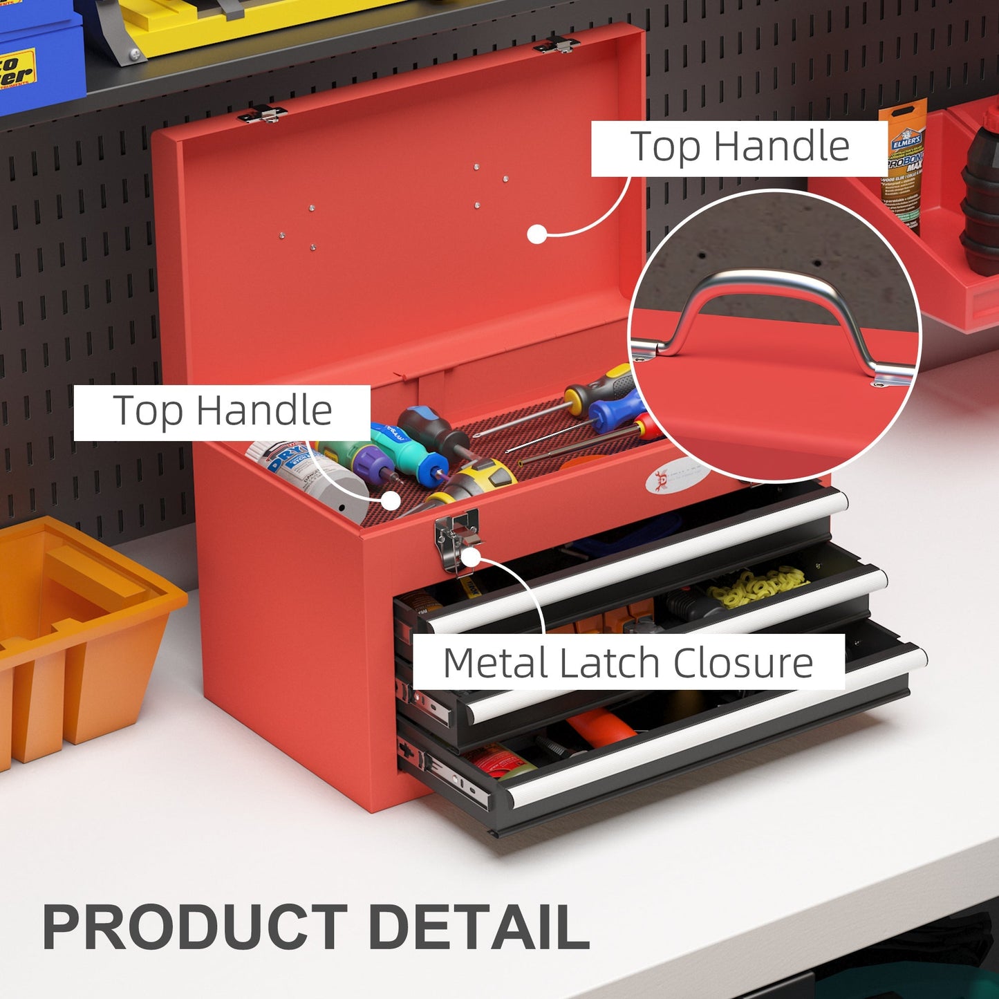 3 Drawer Tool Chest with Metal Latch Closure, Portable Tool Box for Garage, Household and Warehouse, Red Tool Organizers   at Gallery Canada