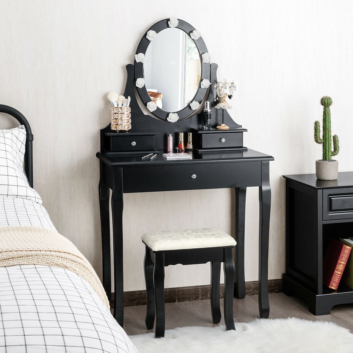 3 Drawers Lighted Mirror Vanity Dressing Table Stool Set, Black Makeup Vanities   at Gallery Canada