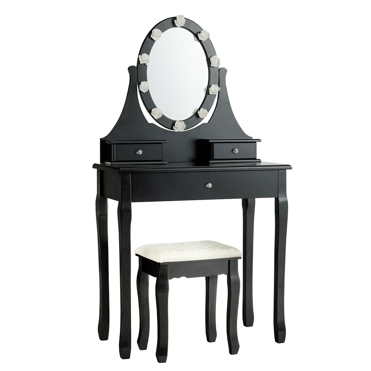 3 Drawers Lighted Mirror Vanity Dressing Table Stool Set, Black Makeup Vanities   at Gallery Canada