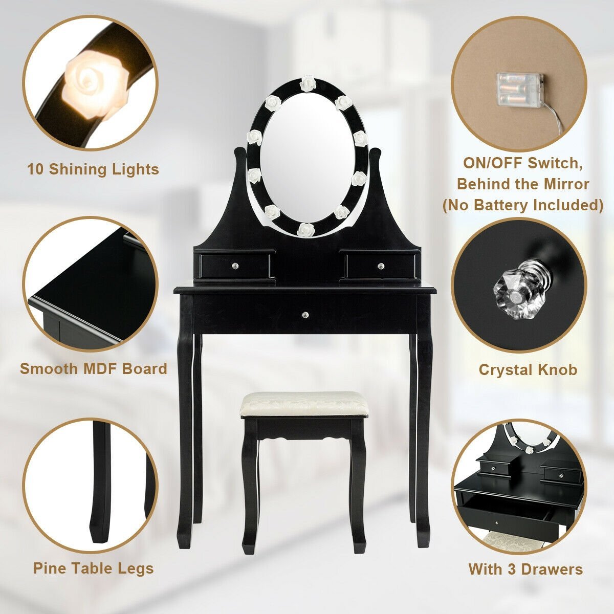 3 Drawers Lighted Mirror Vanity Dressing Table Stool Set, Black Makeup Vanities   at Gallery Canada