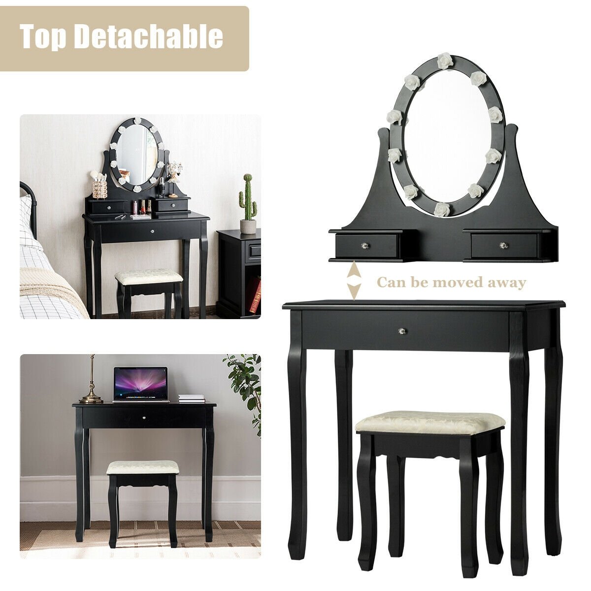 3 Drawers Lighted Mirror Vanity Dressing Table Stool Set, Black Makeup Vanities   at Gallery Canada