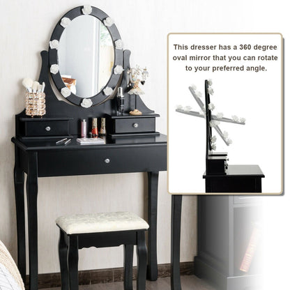 3 Drawers Lighted Mirror Vanity Dressing Table Stool Set, Black Makeup Vanities   at Gallery Canada