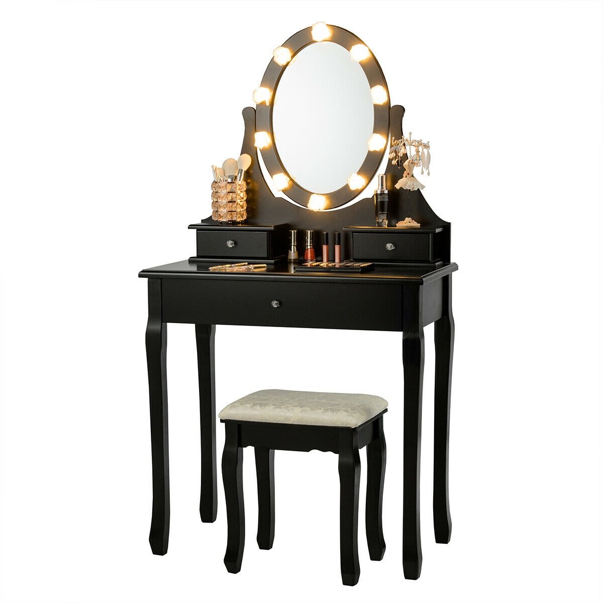 3 Drawers Lighted Mirror Vanity Dressing Table Stool Set, Black Makeup Vanities   at Gallery Canada