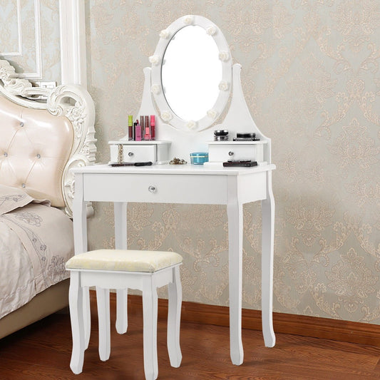 3 Drawers Lighted Mirror Vanity Makeup Dressing Table Stool Set, White Makeup Vanities   at Gallery Canada