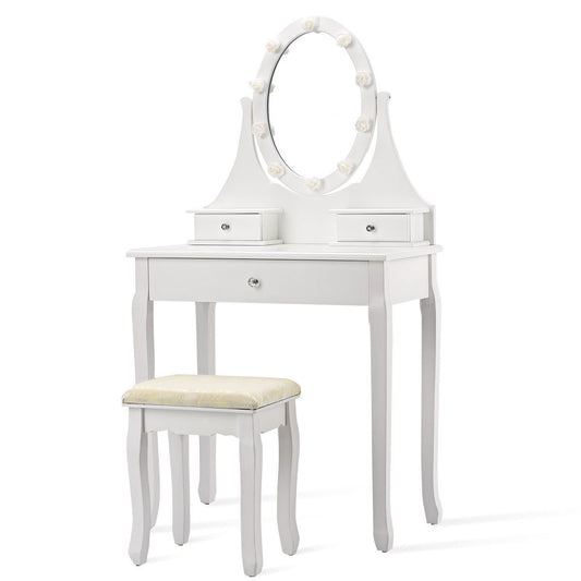 3 Drawers Lighted Mirror Vanity Makeup Dressing Table Stool Set, White Makeup Vanities   at Gallery Canada