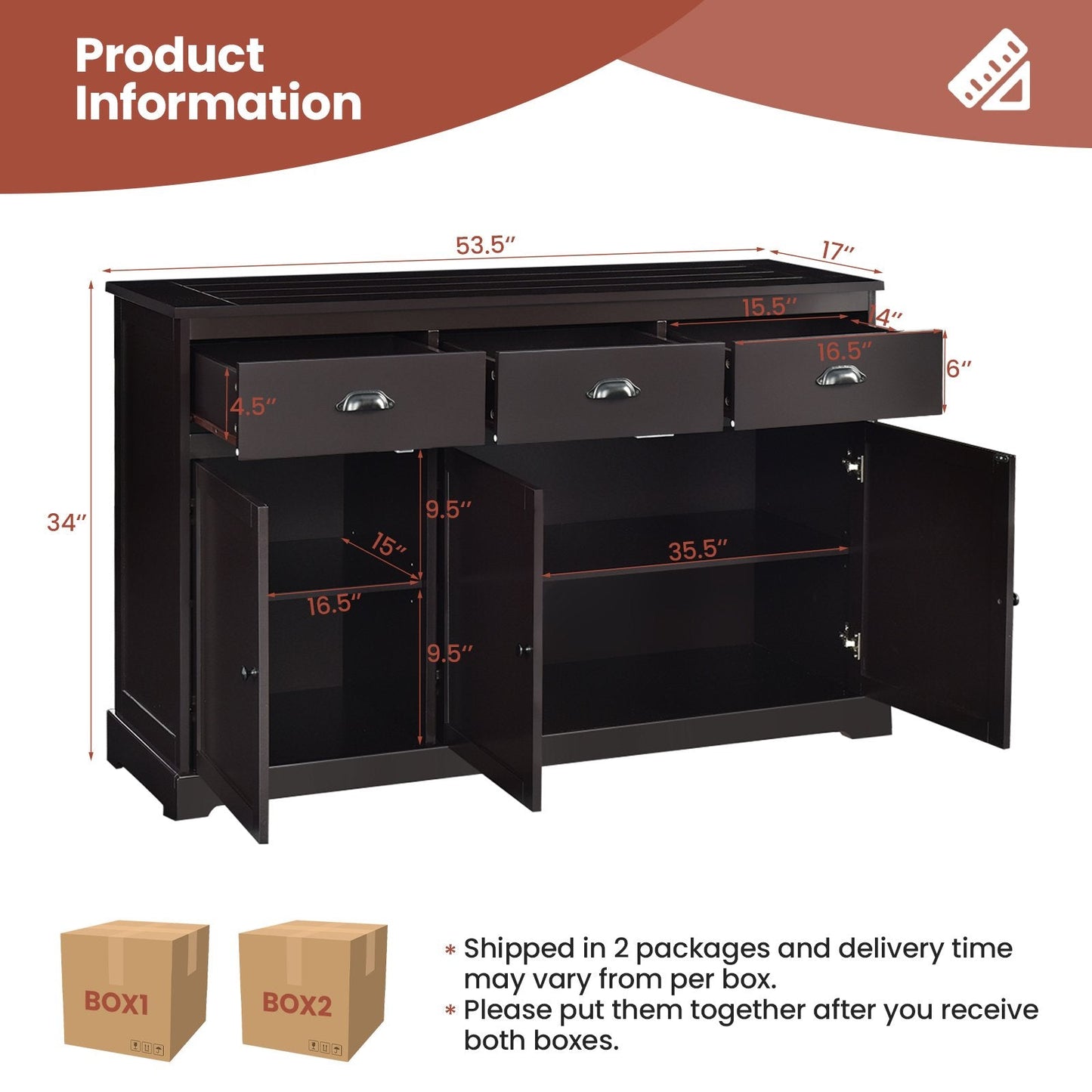 3 Drawers Sideboard Buffet Storage with Adjustable Shelves, Brown Sideboards Cabinets & Buffets   at Gallery Canada