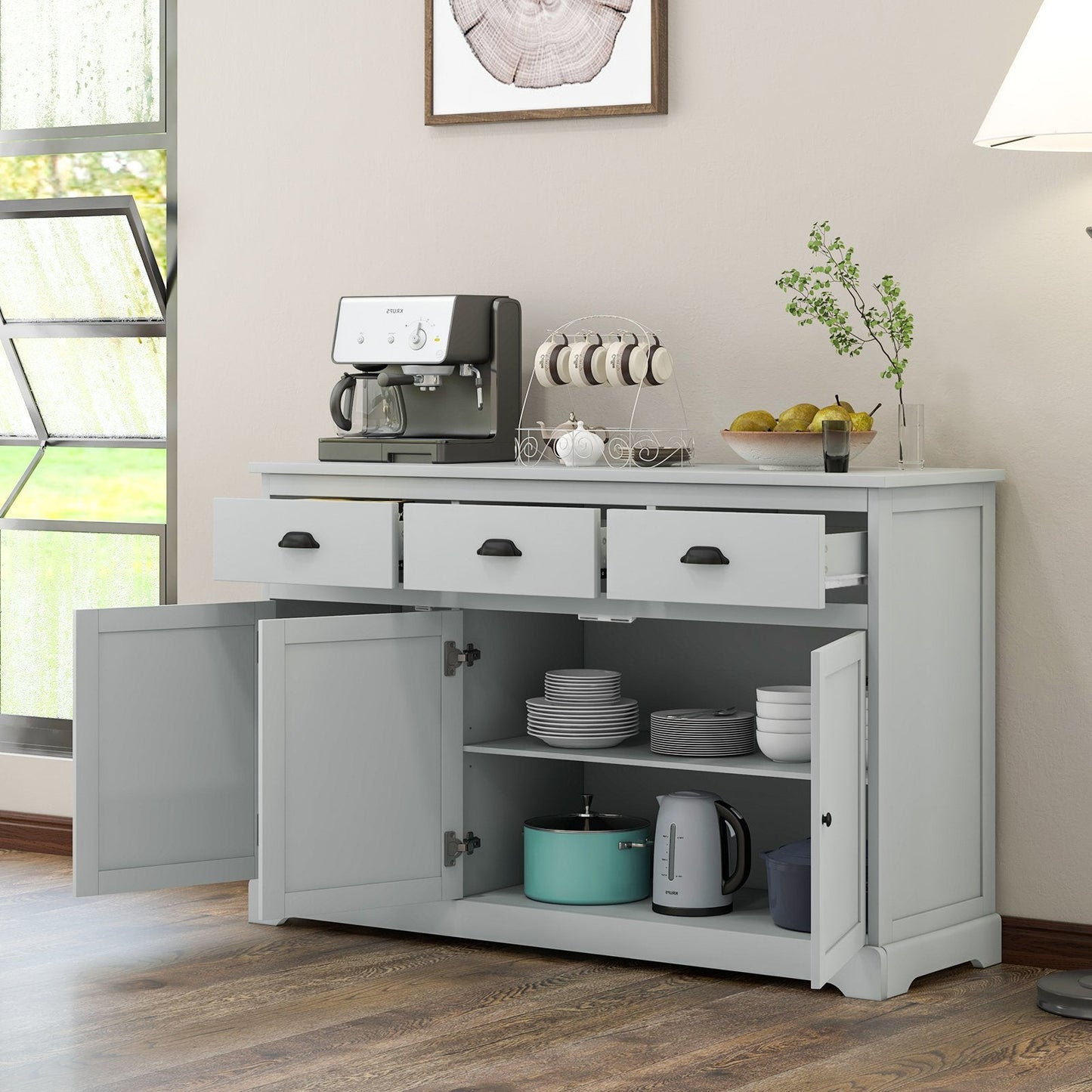 3 Drawers Sideboard Buffet Storage with Adjustable Shelves, Gray Sideboards Cabinets & Buffets   at Gallery Canada