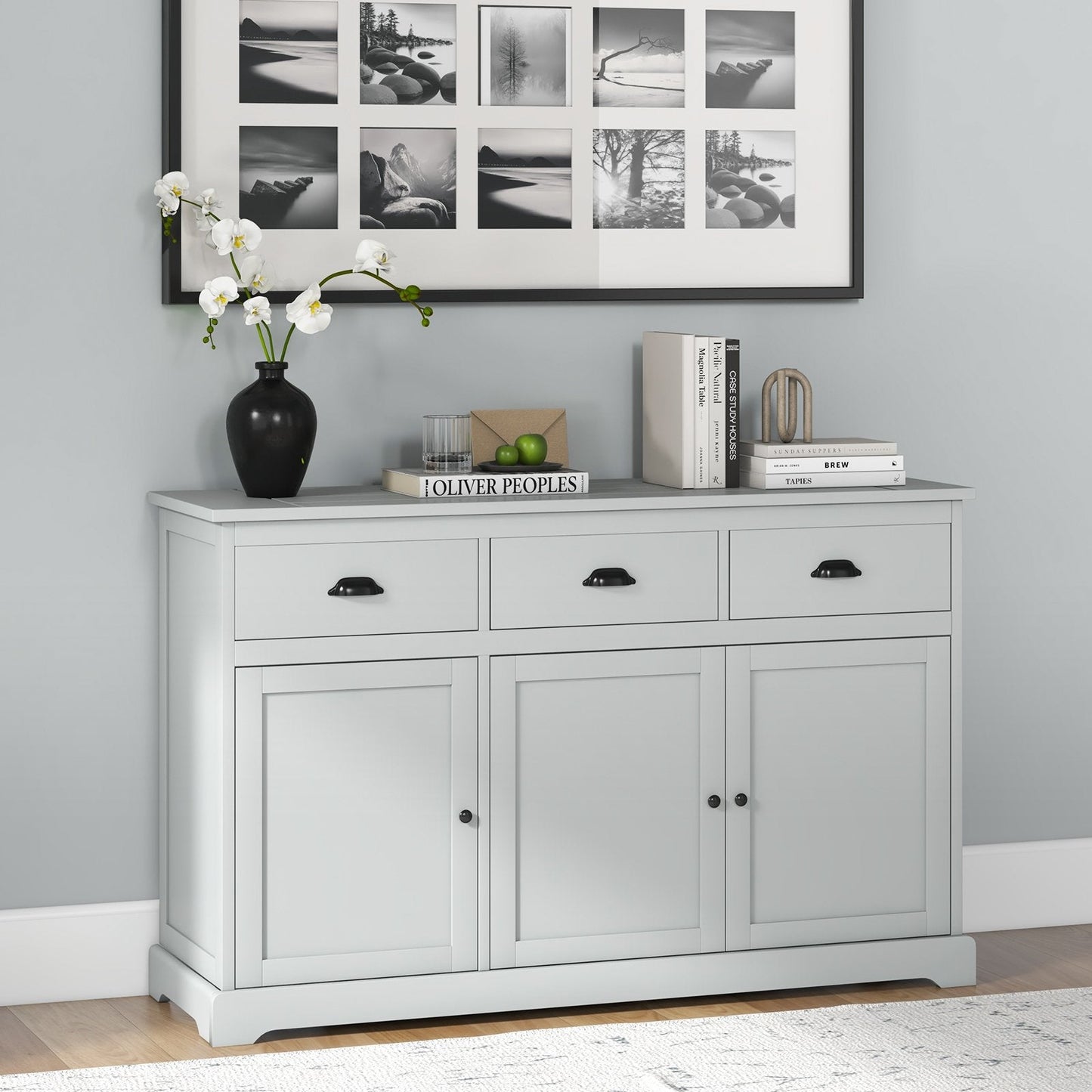 3 Drawers Sideboard Buffet Storage with Adjustable Shelves, Gray Sideboards Cabinets & Buffets   at Gallery Canada