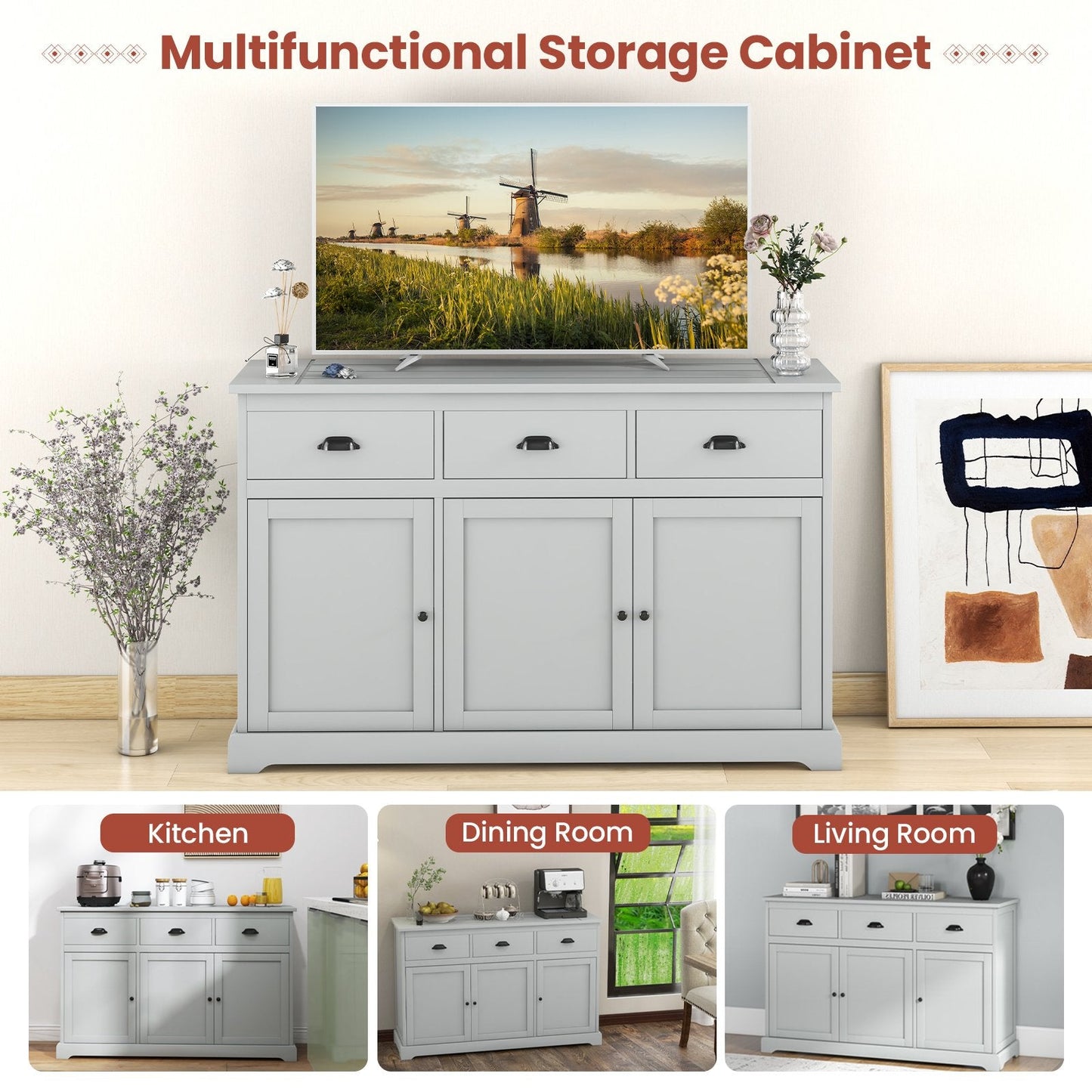 3 Drawers Sideboard Buffet Storage with Adjustable Shelves, Gray Sideboards Cabinets & Buffets   at Gallery Canada