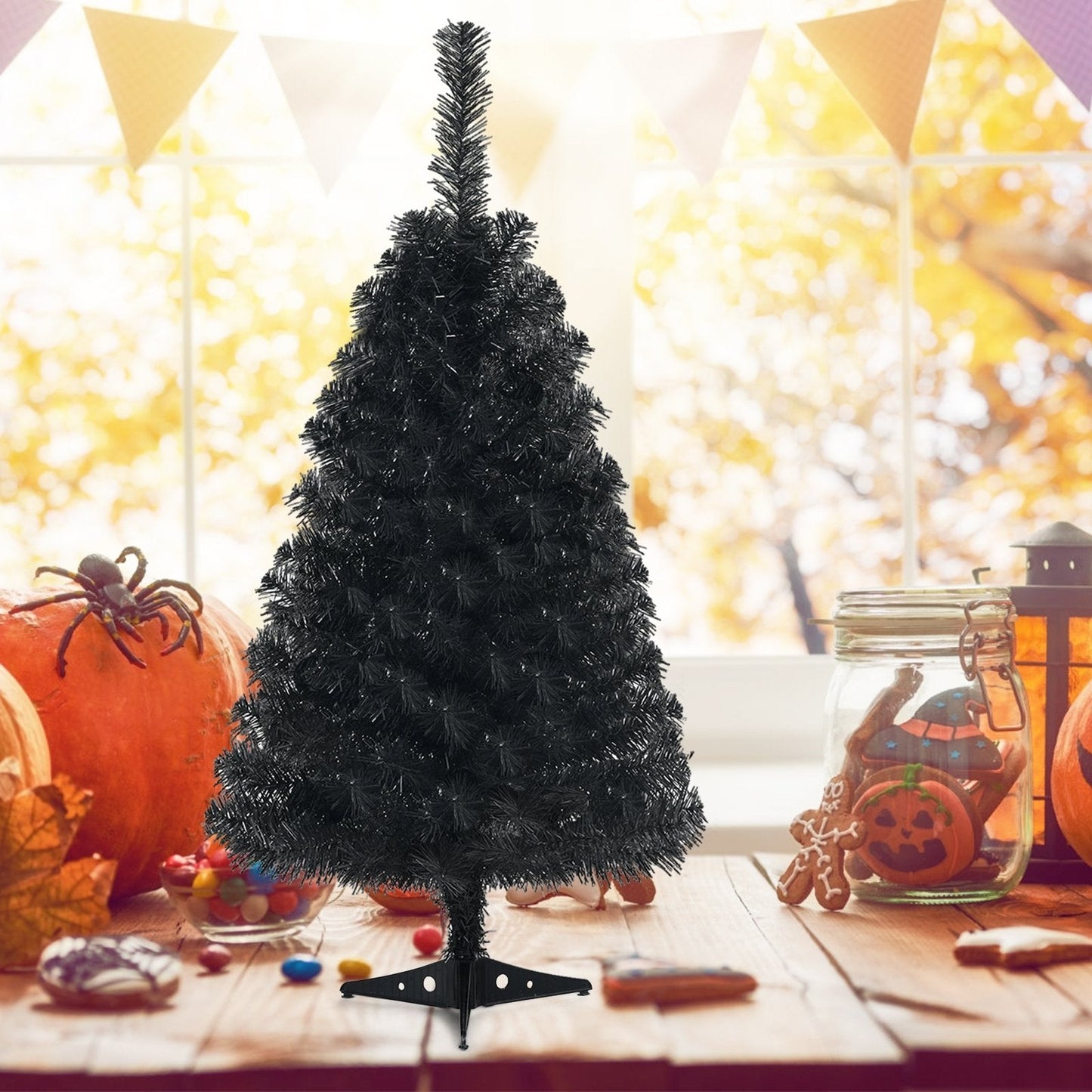 3 Feet Unlit Artificial Christmas Halloween Mini Tree with Plastic Stand, Black Christmas Tree   at Gallery Canada